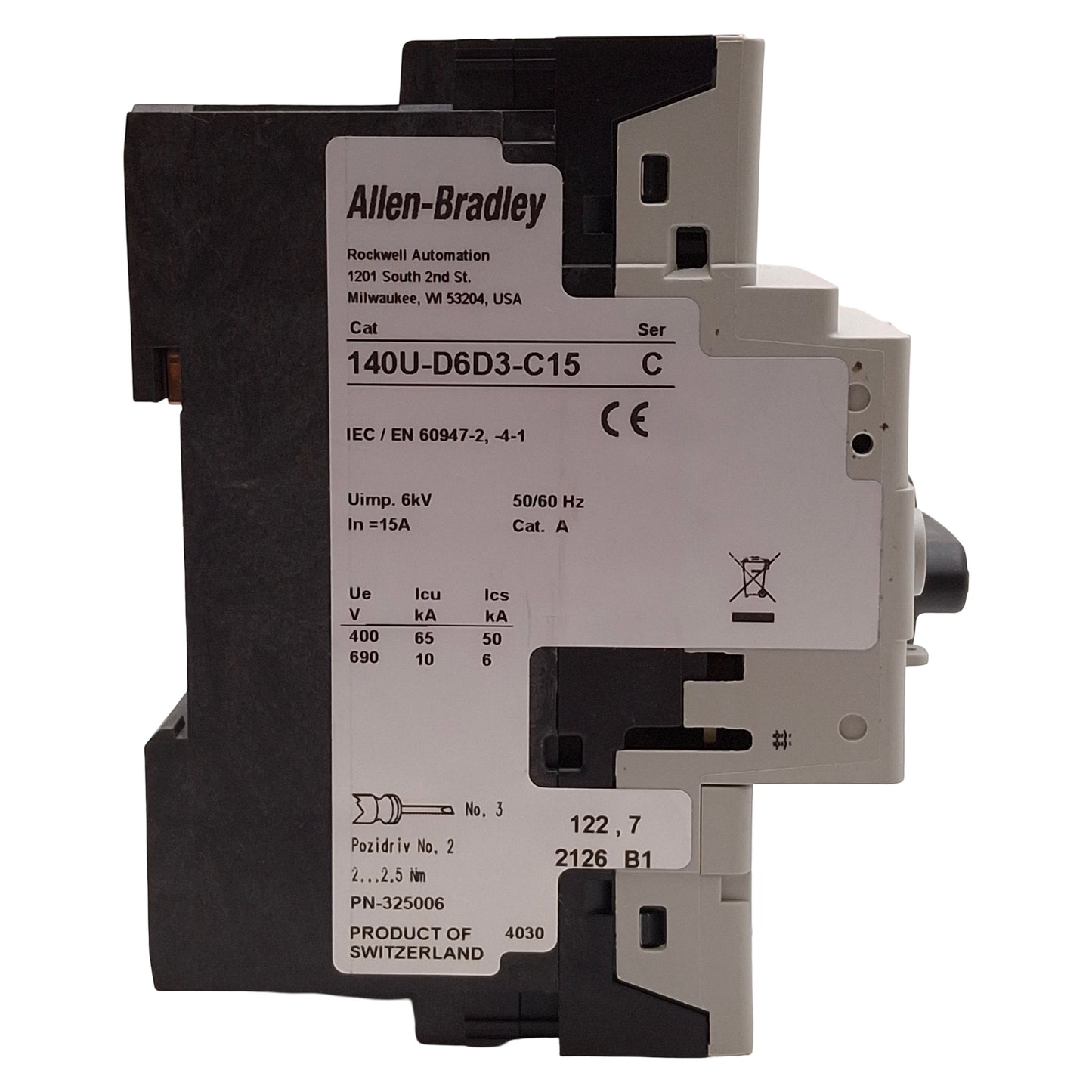 Used Allen Bradley 140U-D6D3-C15 Circuit Breaker, 3-Pole, 15A, 600Y/347VAC, DIN Rail