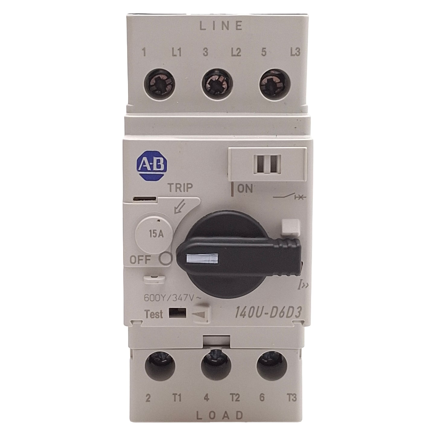 Used Allen Bradley 140U-D6D3-C15 Circuit Breaker, 3-Pole, 15A, 600Y/347VAC, DIN Rail