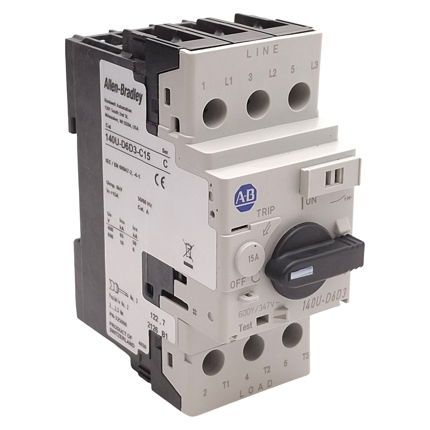 Used Allen Bradley 140U-D6D3-C15 Circuit Breaker, 3-Pole, 15A, 600Y/347VAC, DIN Rail