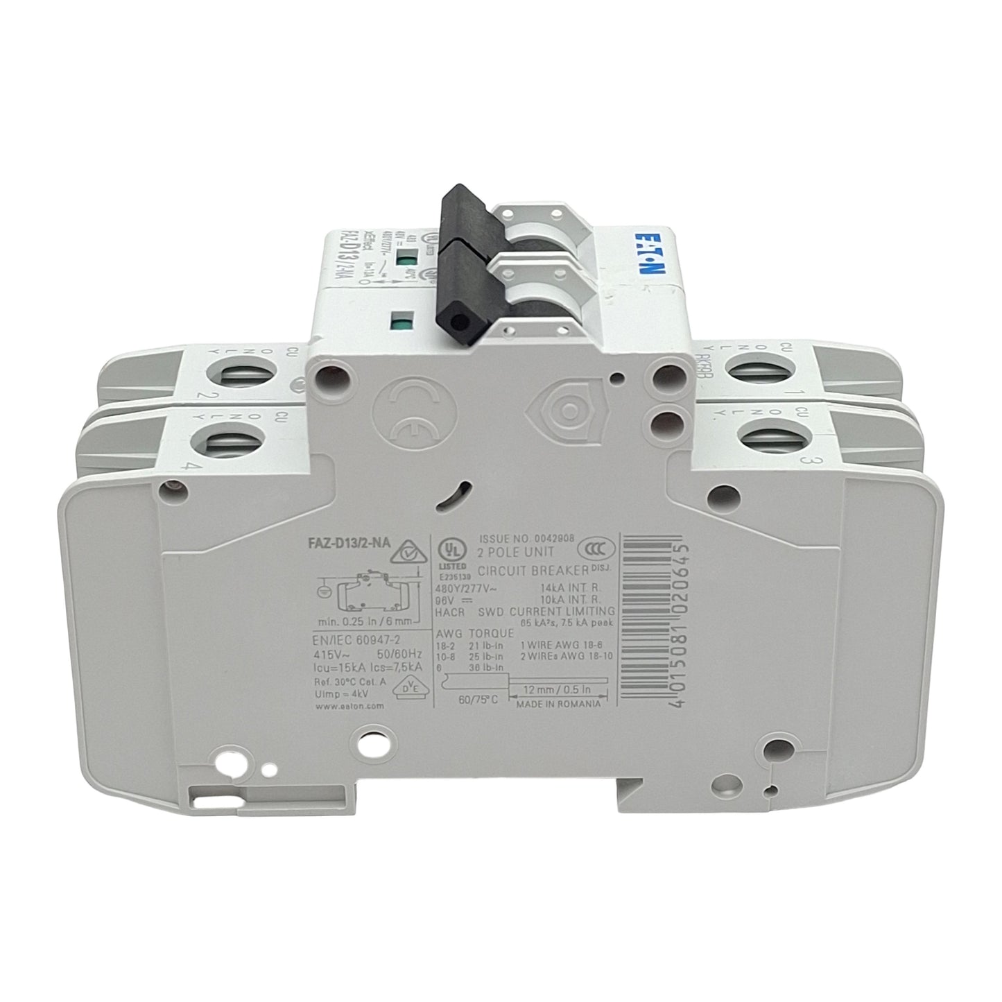 Used Eaton FAZ-D13/2-NA Circuit Breaker, 2-Pole, 13A 48VDC/277VAC, DIN Rail