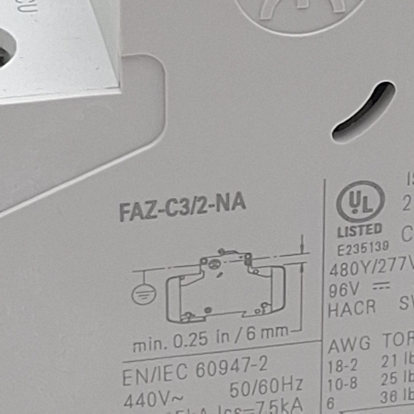 Used Eaton FAZ-C3/2-NA Circuit Breaker, 2-Poles, 3A 48VDC 480Y/277VAC, DIN Rail