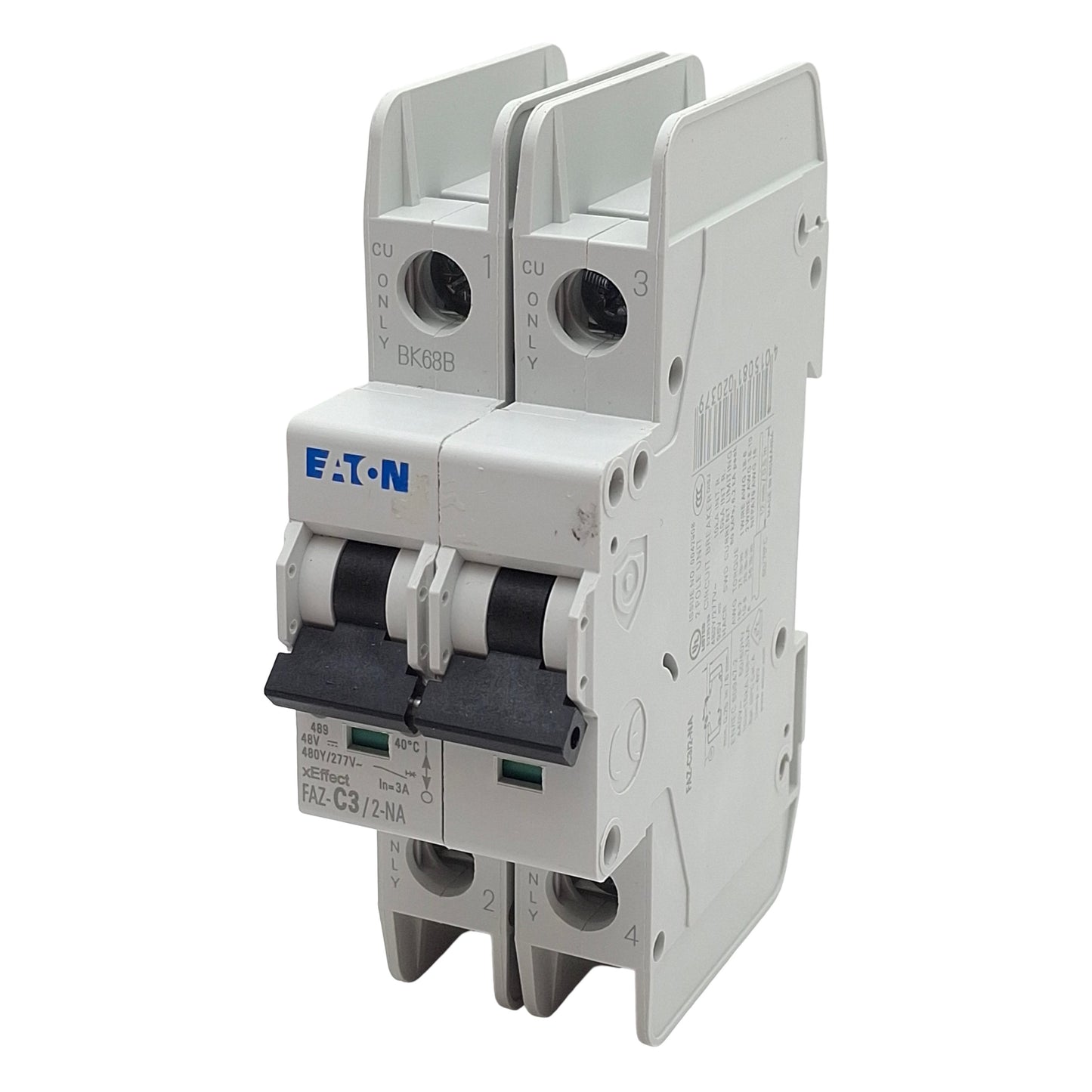 Used Eaton FAZ-C3/2-NA Circuit Breaker, 2-Poles, 3A 48VDC 480Y/277VAC, DIN Rail