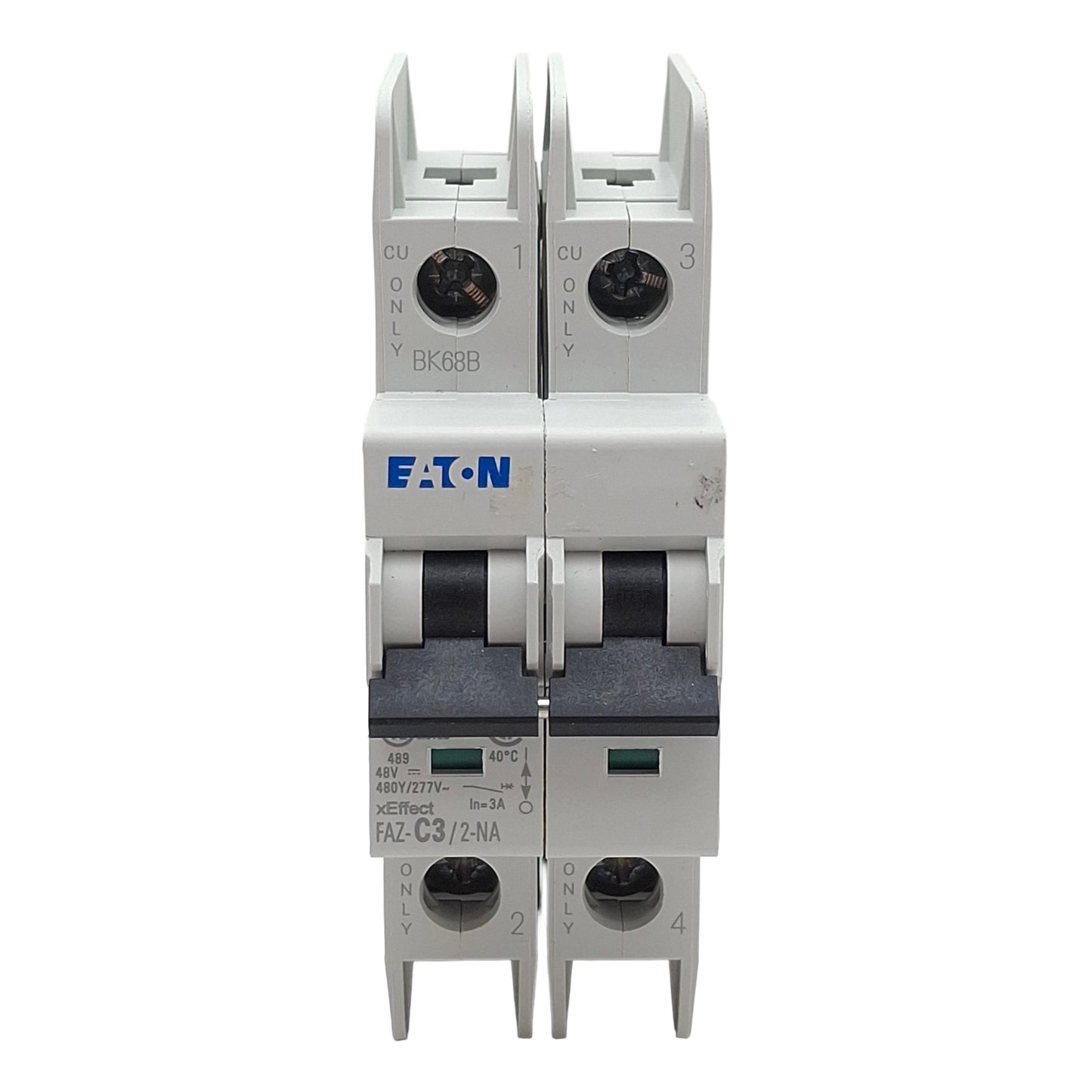 Used Eaton FAZ-C3/2-NA Circuit Breaker, 2-Poles, 3A 48VDC 480Y/277VAC, DIN Rail