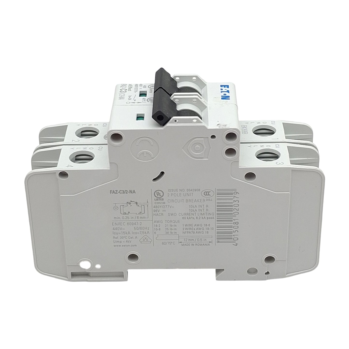 Used Eaton FAZ-C3/2-NA Circuit Breaker, 2-Poles, 3A 48VDC 480Y/277VAC, DIN Rail
