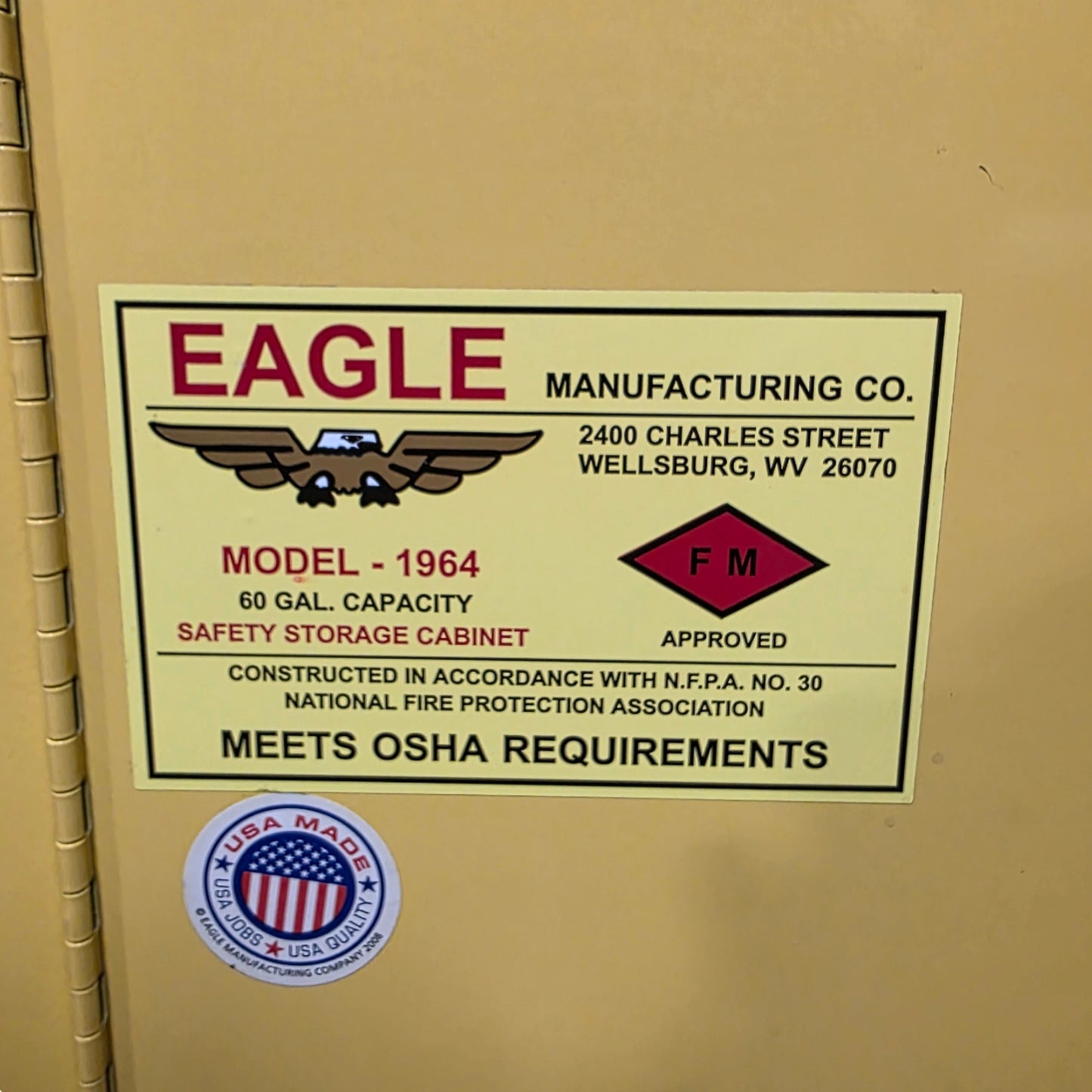Used Eagle Mfg 1964 Safety Flammable Storage Cabinet 60 Gallon, 44"W x 34"D x 44"H