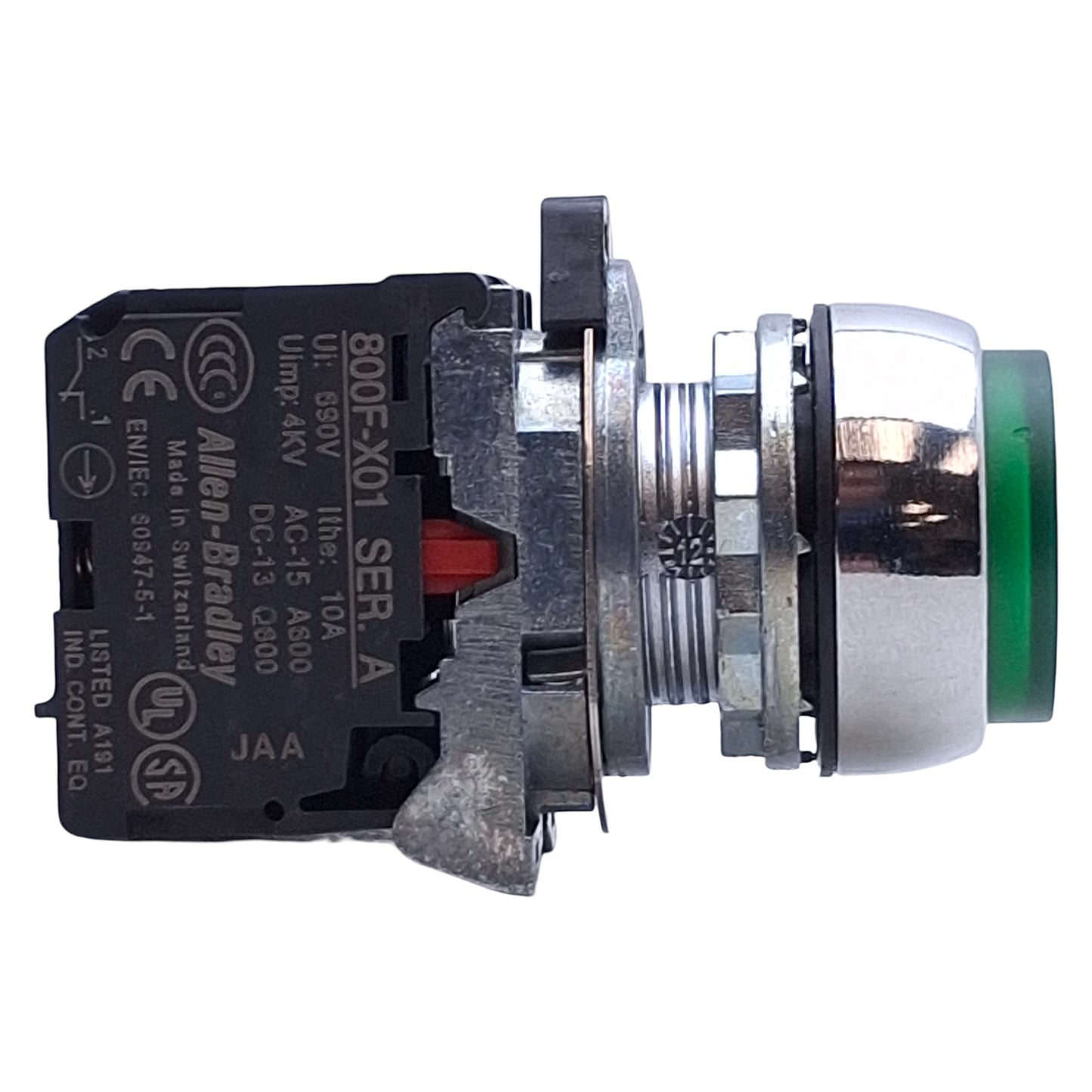 Used Allen Bradley 800FM-LE3 Green Illuminated Momentary Push Button ø22mm, 1NO 1NC