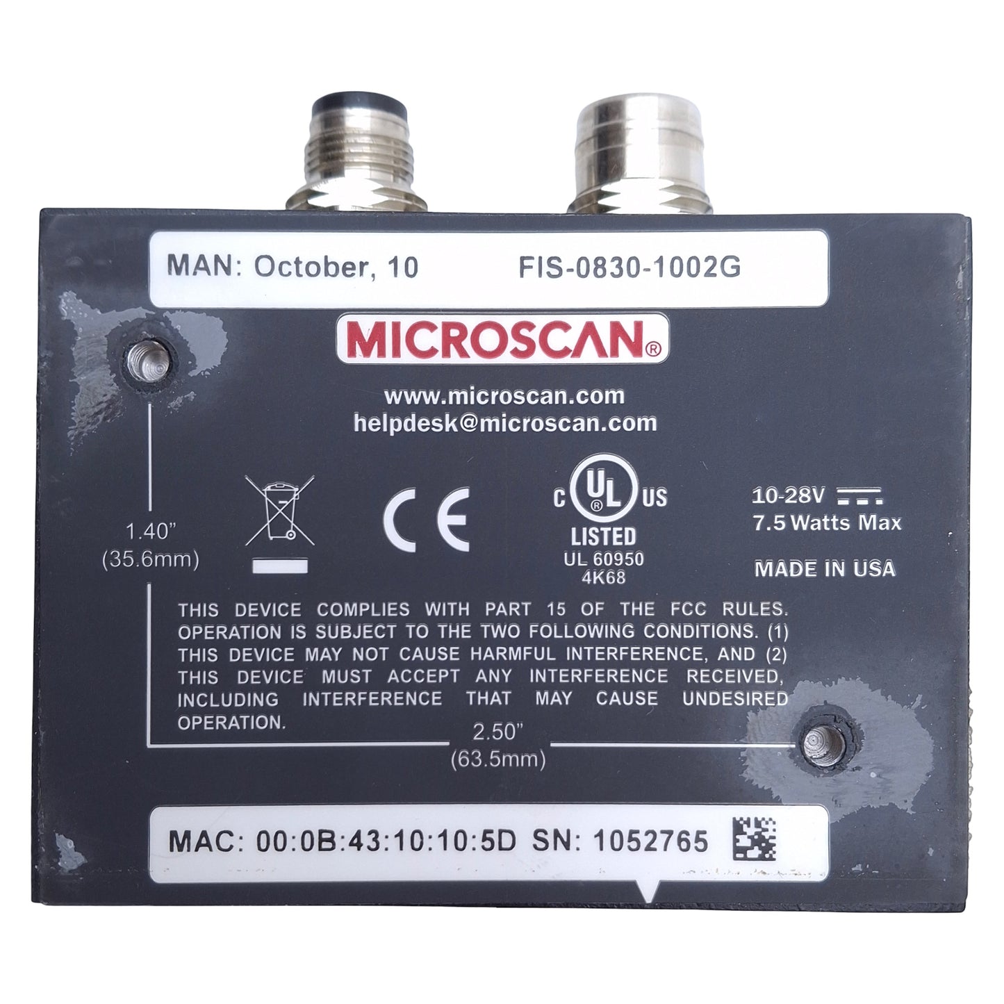 Used Microscan FIS-0830-1002G QX-830 Fixed Barcode Scanner, 10-28VDC 7.5W, 1D