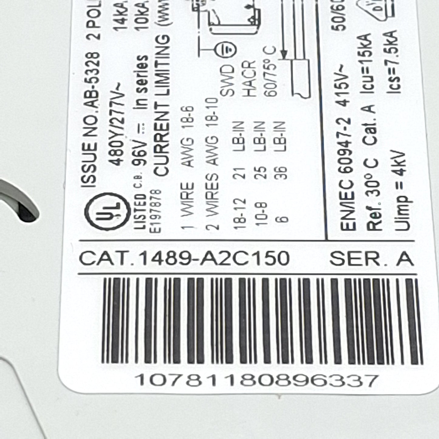 Used Allen Bradley 1489-A2C150 Circuit Breaker, 2-Pole, 15A 480Y/277VAC, DIN Rail