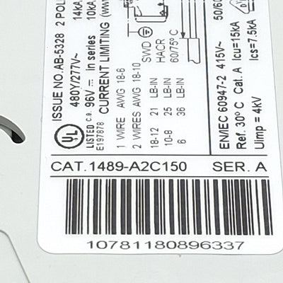 Used Allen Bradley 1489-A2C150 Circuit Breaker, 2-Pole, 15A 480Y/277VAC, DIN Rail