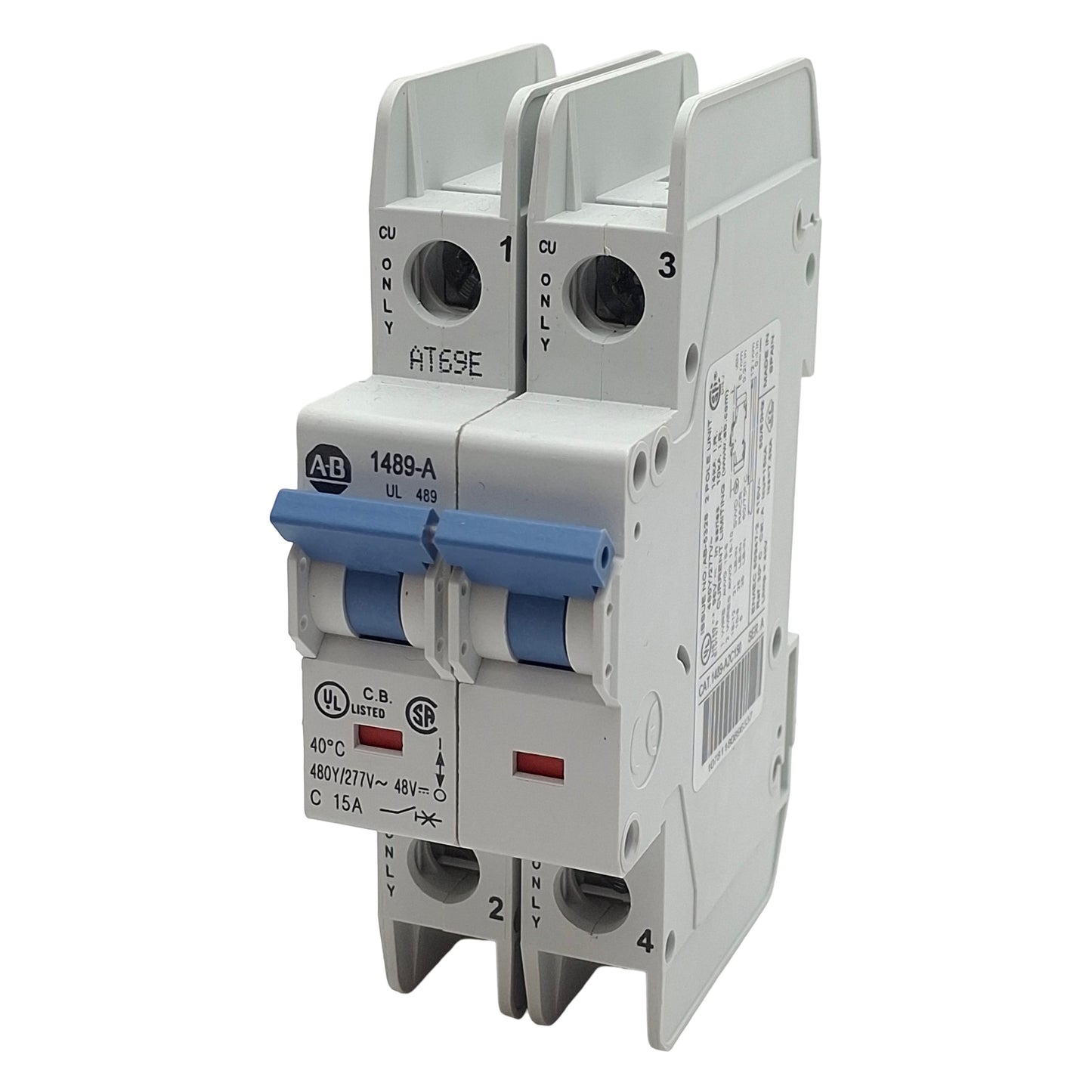 Used Allen Bradley 1489-A2C150 Circuit Breaker, 2-Pole, 15A 480Y/277VAC, DIN Rail