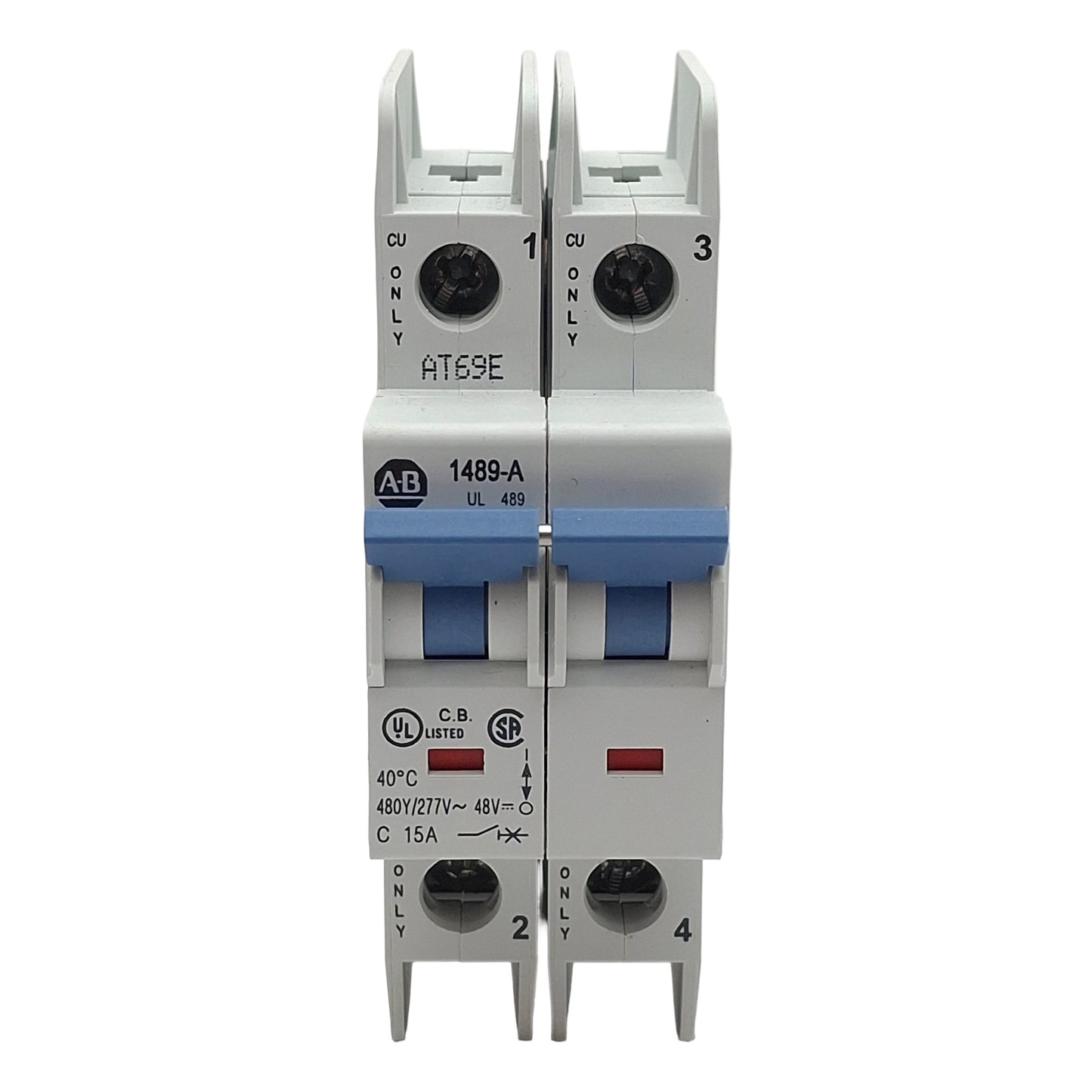 Used Allen Bradley 1489-A2C150 Circuit Breaker, 2-Pole, 15A 480Y/277VAC, DIN Rail