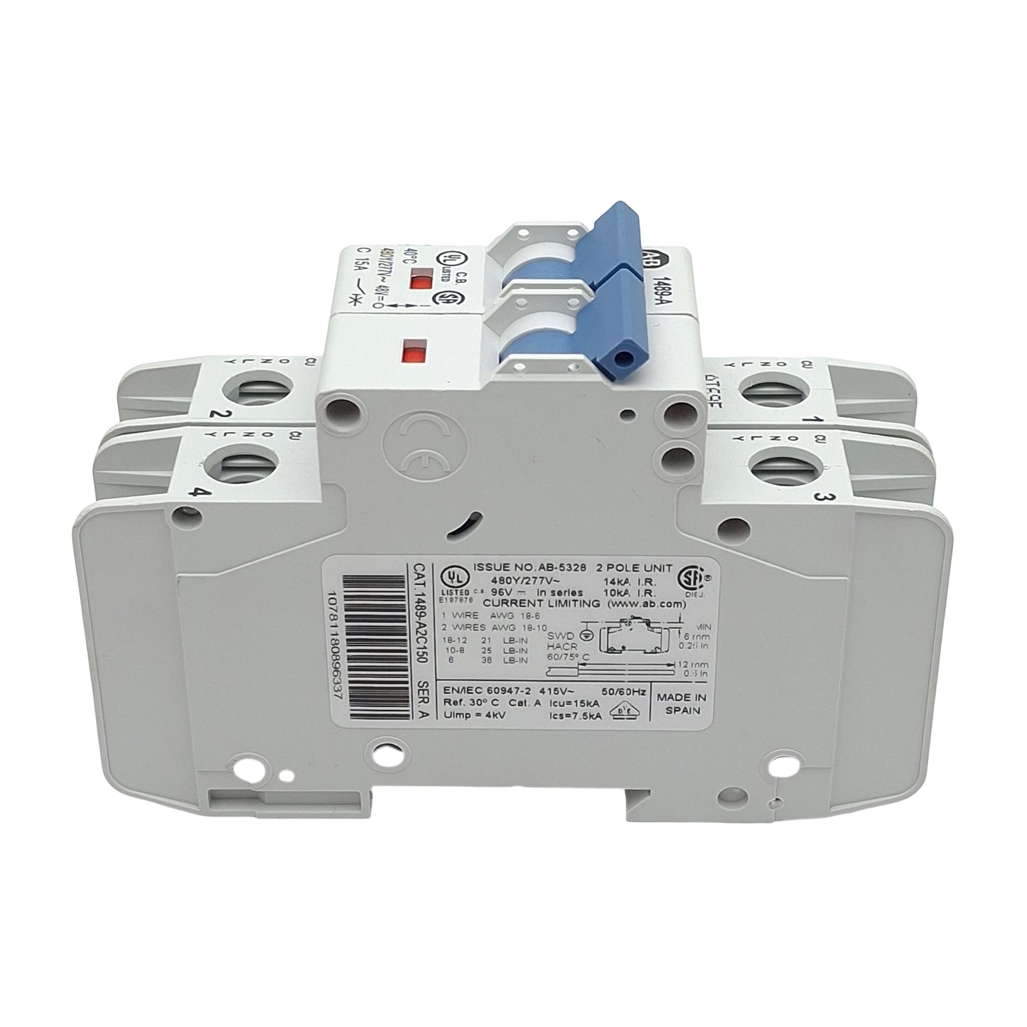 Used Allen Bradley 1489-A2C150 Circuit Breaker, 2-Pole, 15A 480Y/277VAC, DIN Rail