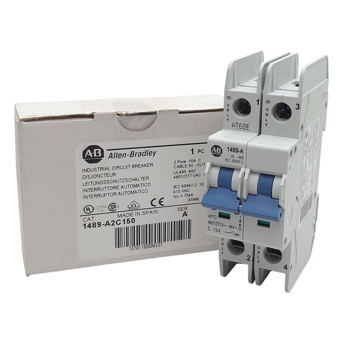 New Allen Bradley 1489-A2C150 Circuit Breaker, 2-Pole, 480Y/277VAC 15A, DIN Rail