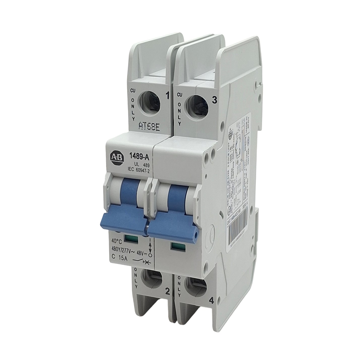 New Allen Bradley 1489-A2C150 Circuit Breaker, 2-Pole, 480Y/277VAC 15A, DIN Rail
