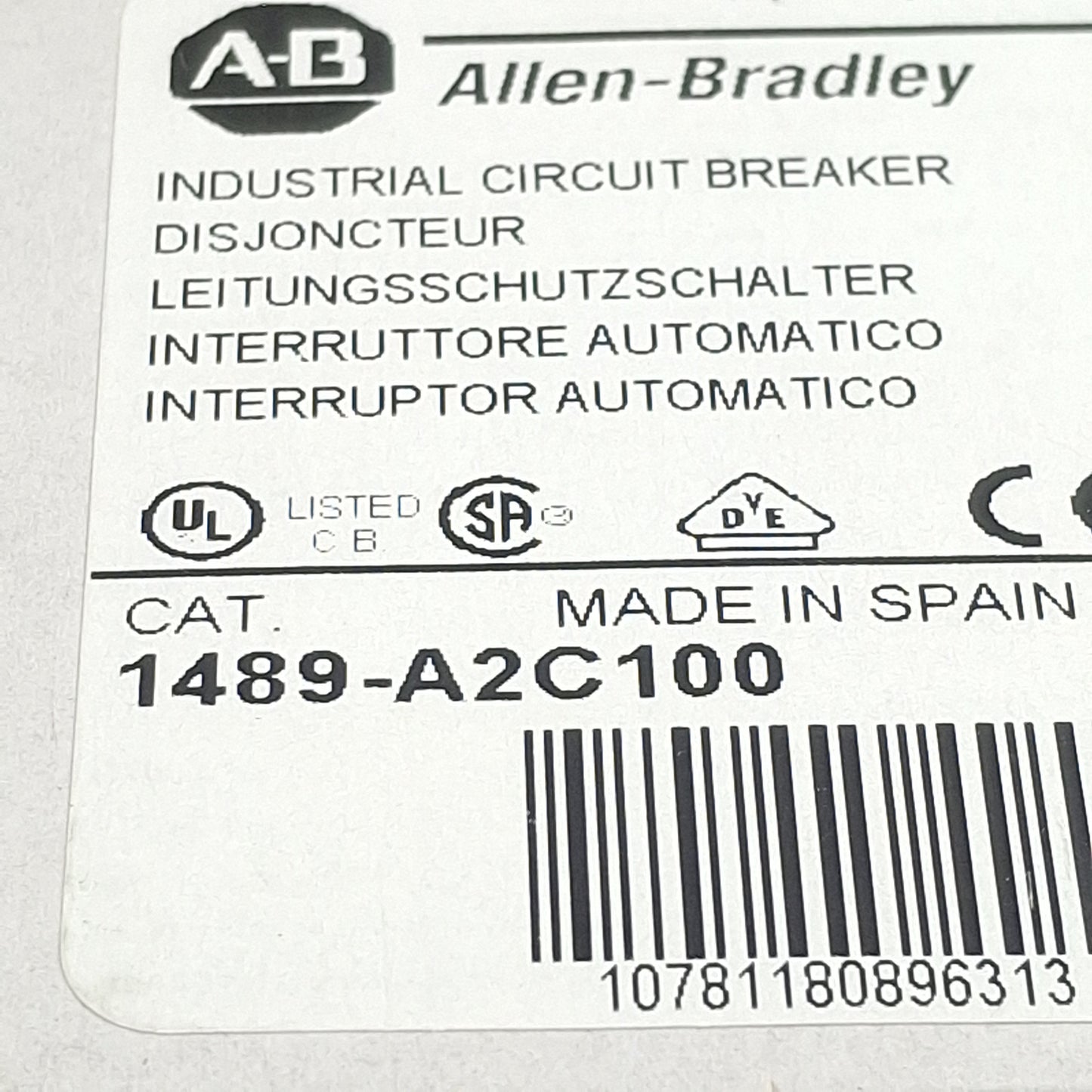 New Allen Bradley 1489-A2C100 Circuit Breaker, 2-Pole, 10A 48VDC/277VAC, DIN Rail