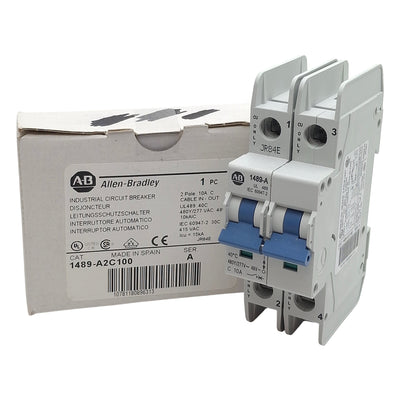 New Allen Bradley 1489-A2C100 Circuit Breaker, 2-Pole, 10A 48VDC/277VAC, DIN Rail