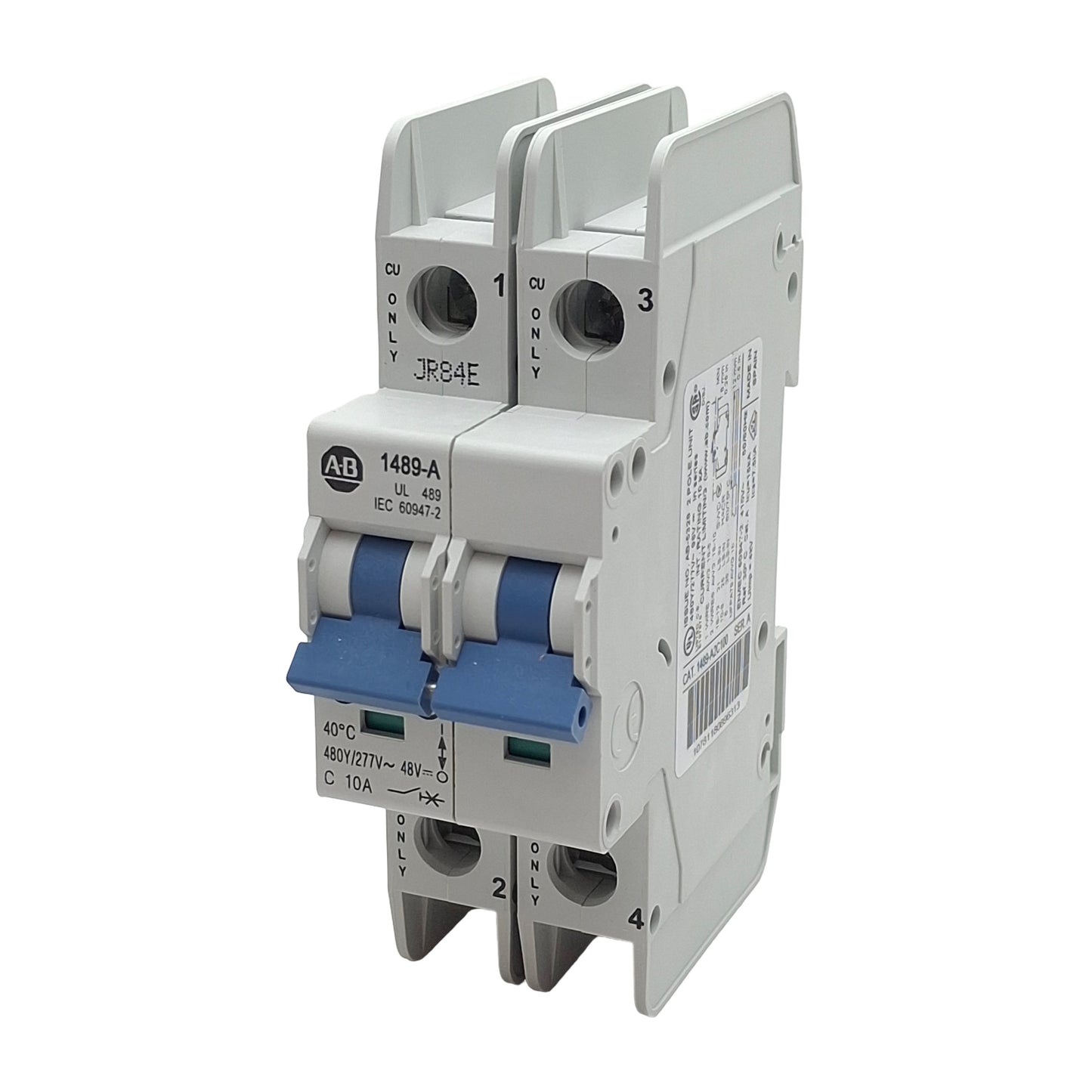 New Allen Bradley 1489-A2C100 Circuit Breaker, 2-Pole, 10A 48VDC/277VAC, DIN Rail