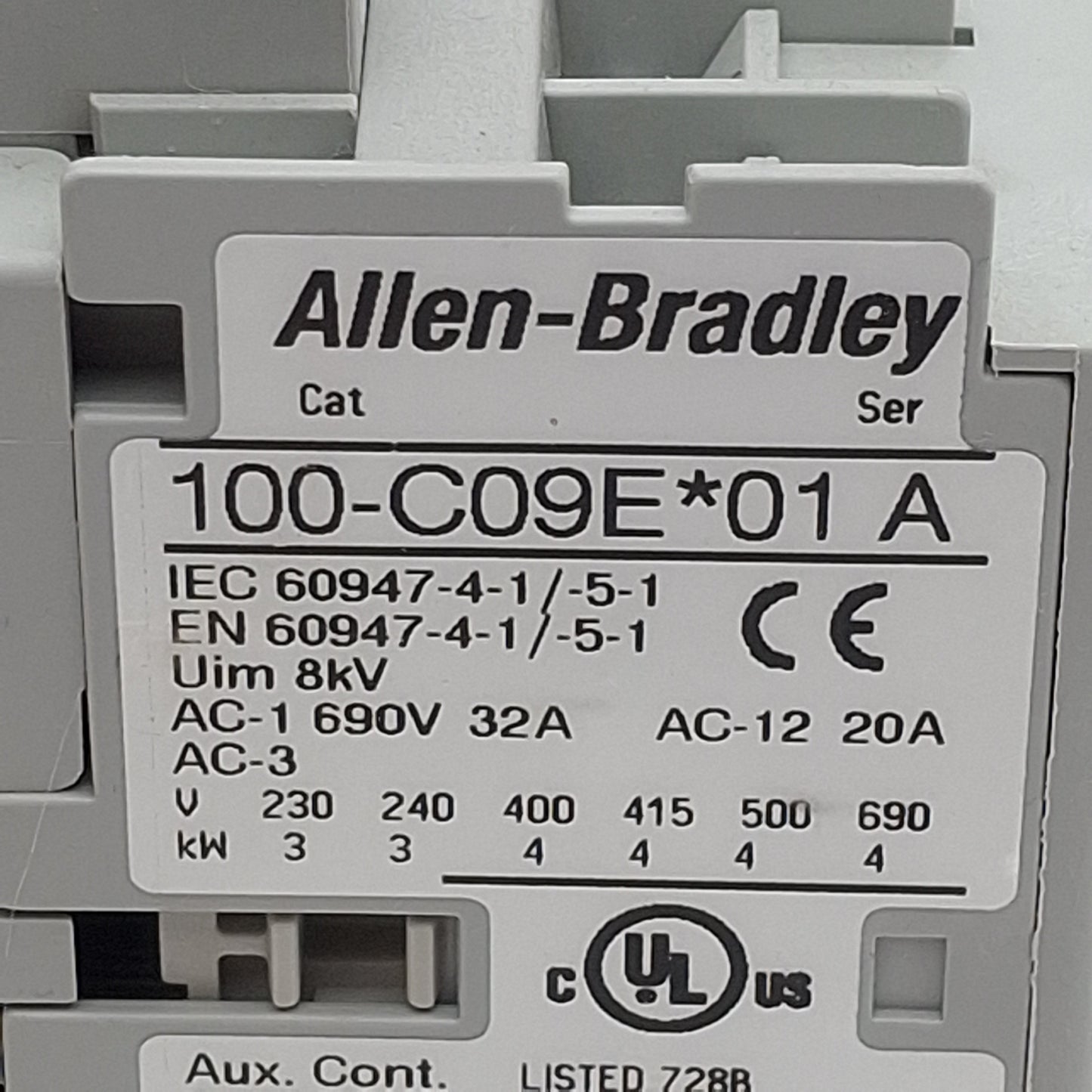 Used Allen Bradley 100-C09UEJ01 Circuit Breaker, 3-Pole NO, 9A 600VAC, 24VDC Coil