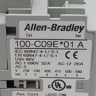 Used Allen Bradley 100-C09UEJ01 Circuit Breaker, 3-Pole NO, 9A 600VAC, 24VDC Coil