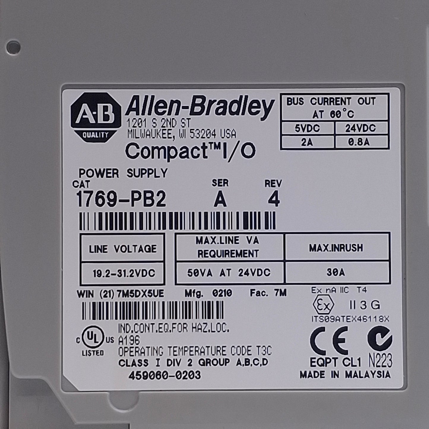 Used Allen Bradley 1769-PB2 Compact I/O Power Supply 24VDC Input, 5/24VDC Output