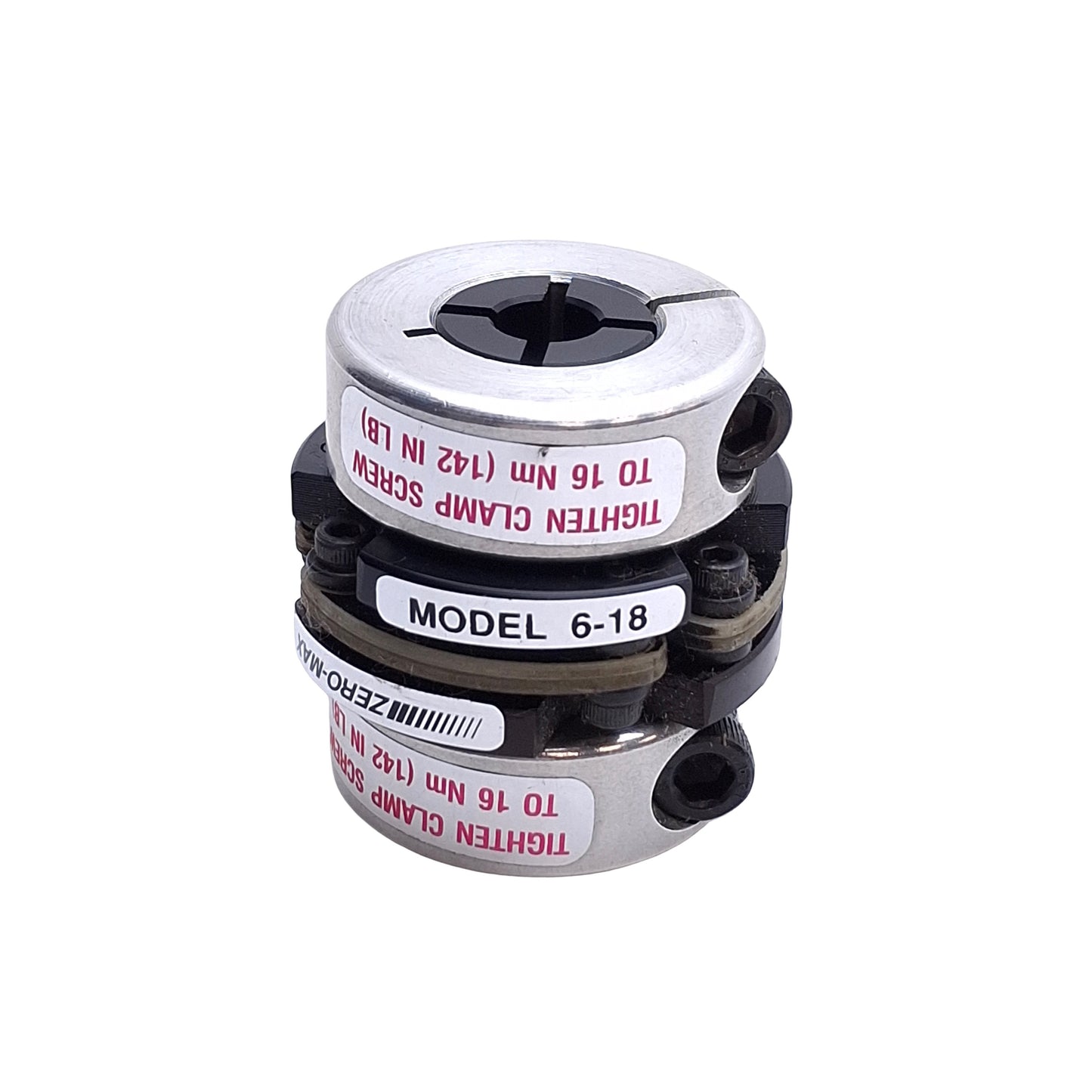 Used Zero Max Model 6-18AC Rigid Coupler, 3/8in to 1/2in Bore, 180in-lbs, 1.85in OD