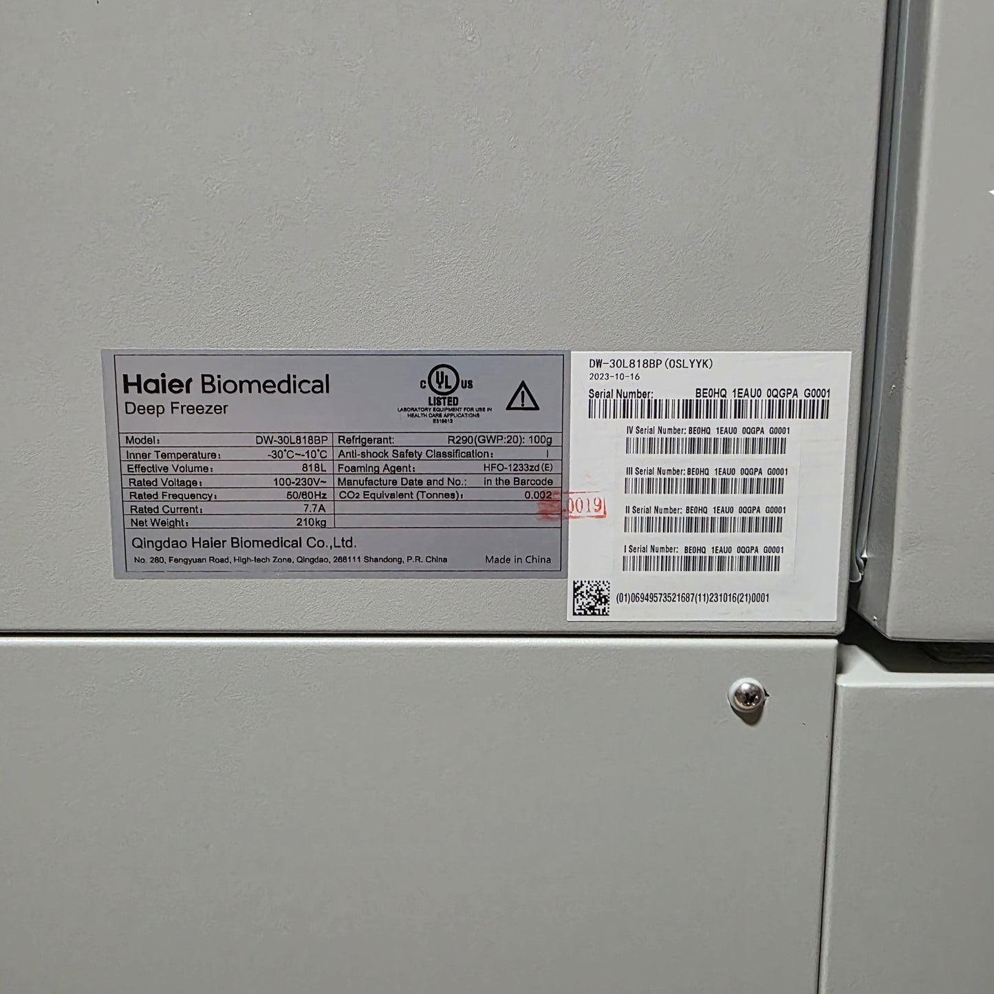 New – Open box Haier Biomedical DW-30L818BP Upright Deep Freezer 28CuFt -30°C To -10°C 100-230V