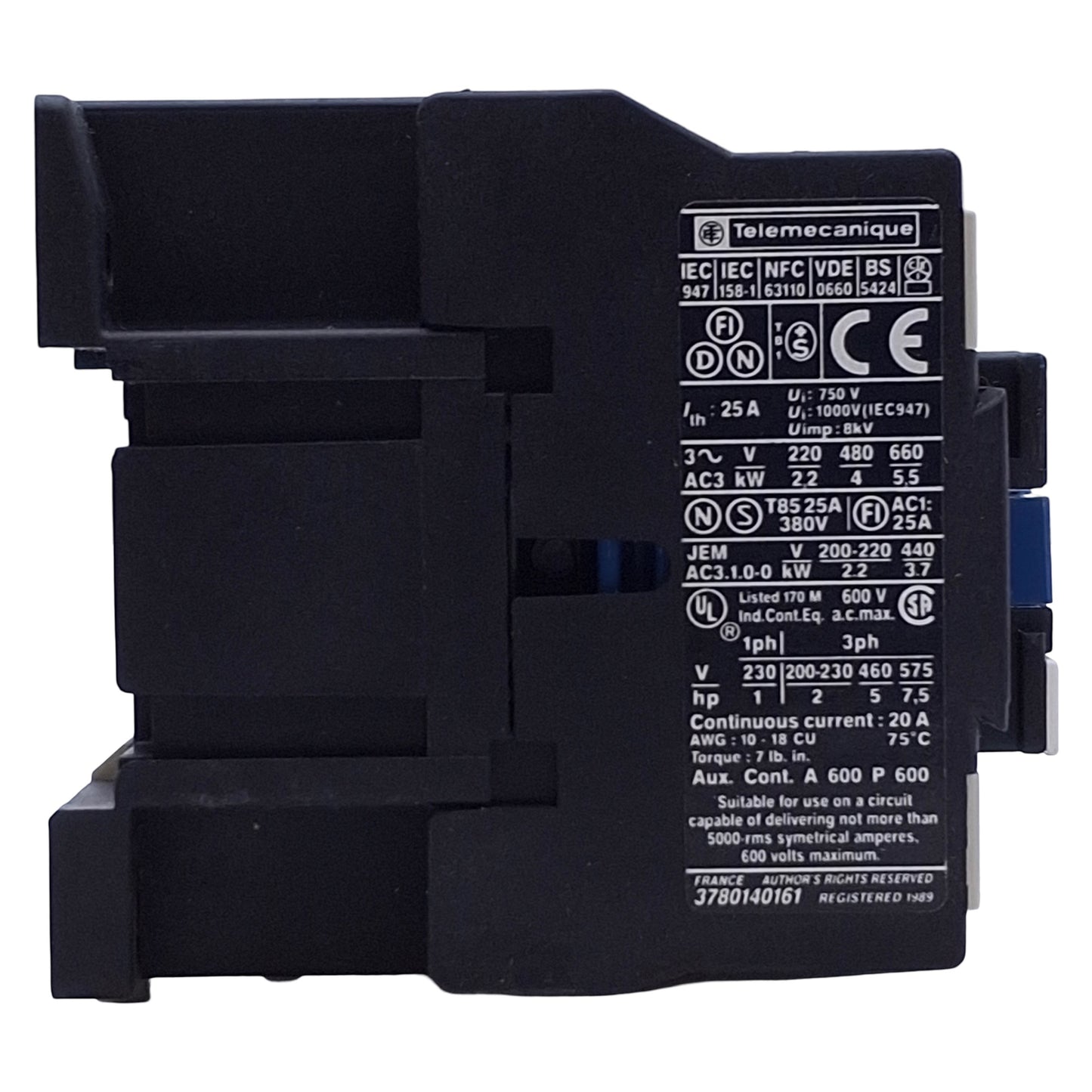 Used Telemecanique LC1D0910 Contactor 3-Poles, 25A, 600VAC, 1NO Aux, 48VAC Coil