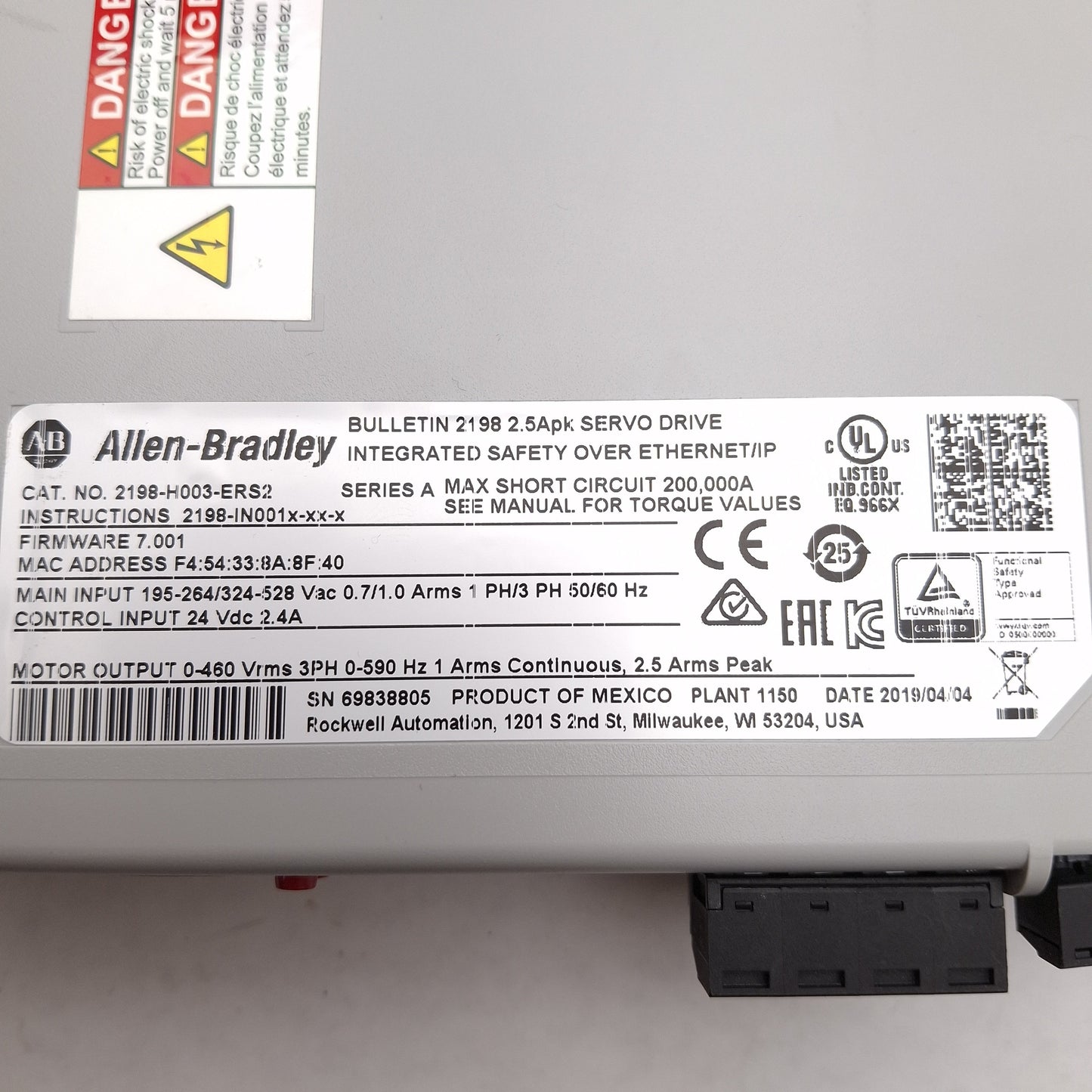 Used Allen Bradley 2198-H003-ERS2 Kinetix 5500S2 Servo Drive, 0.6kW, 3Ø 0-460VAC 1A