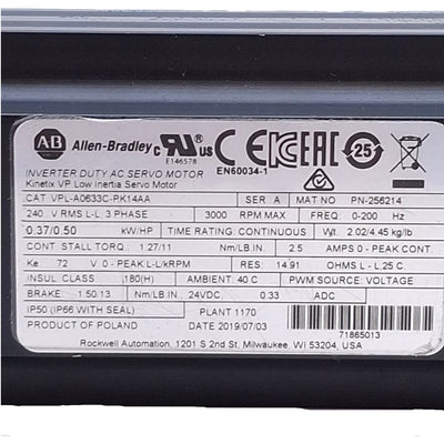 Used Allen Bradley VPL-A0633C-PK14AA Kinetix Servo Motor 3000RPM, 240VAC, 0.37kW