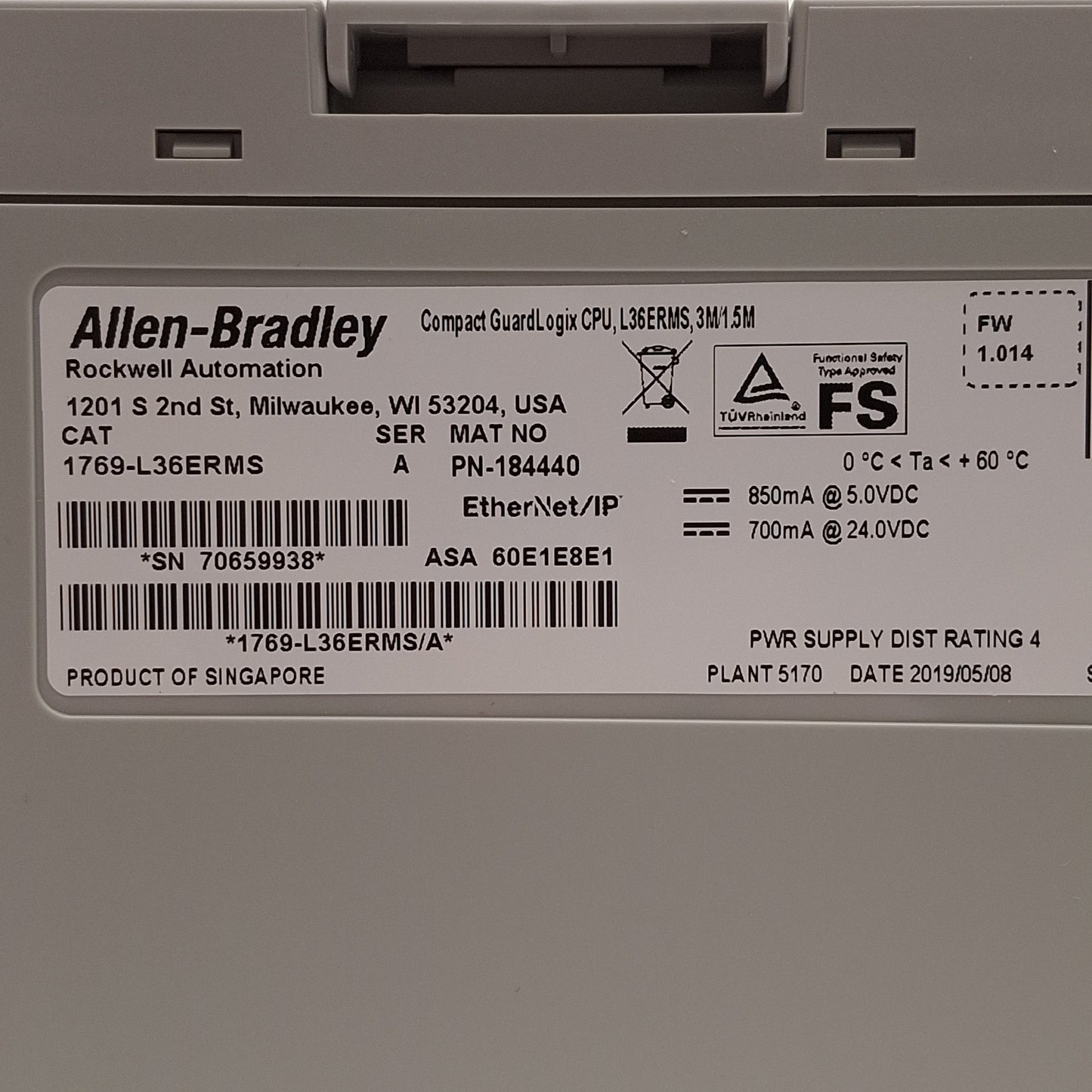 Used Allen Bradley 1769-L36ERMS 1784-SD1/A Compact GuardLogix Safety CPU, EtherNet/IP