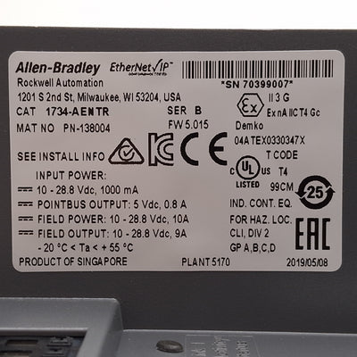 Used Allen Bradley 1734-AENTR POINT I/O Network Adapter, 2-Port, EtherNet/IP, 24VDC