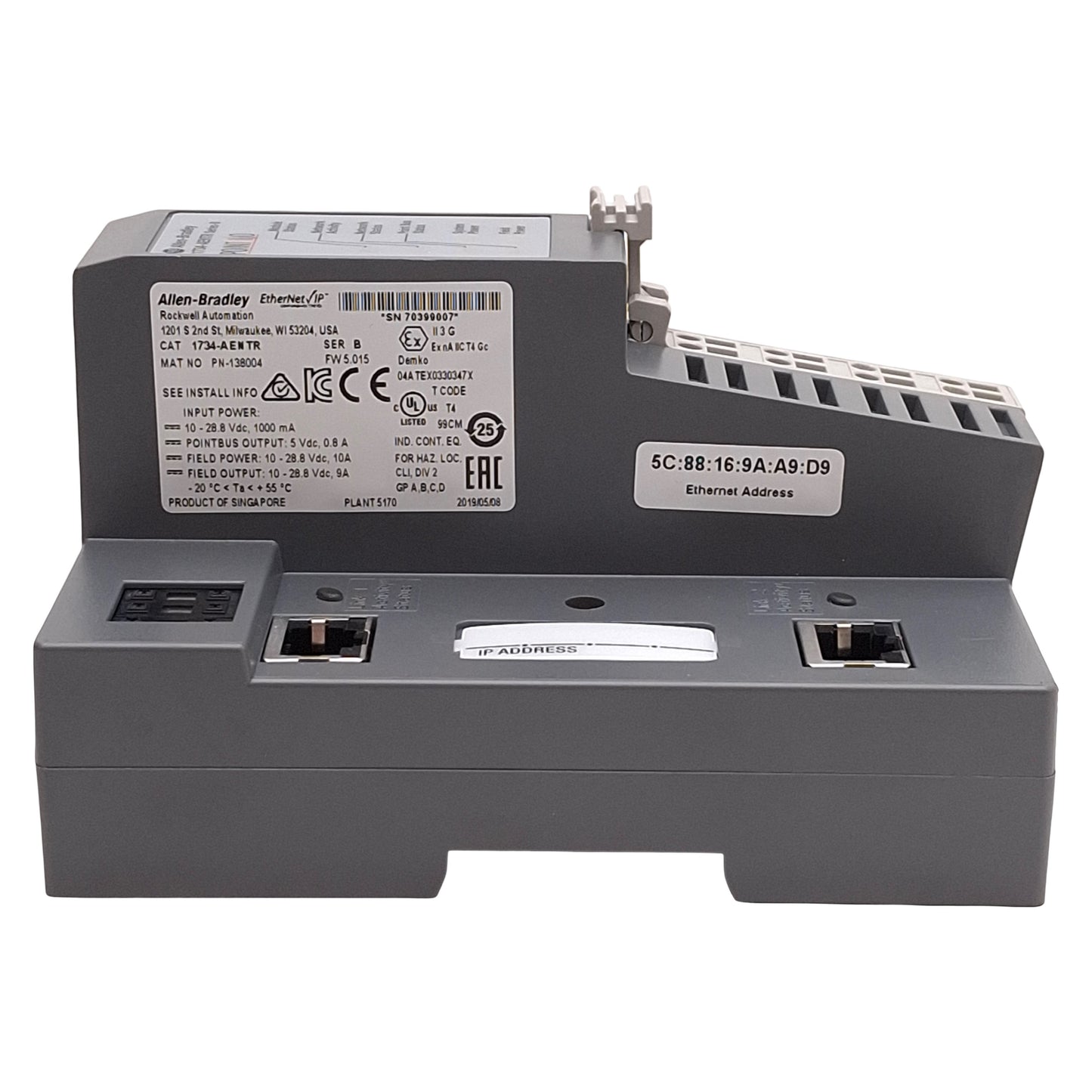 Used Allen Bradley 1734-AENTR POINT I/O Network Adapter, 2-Port, EtherNet/IP, 24VDC