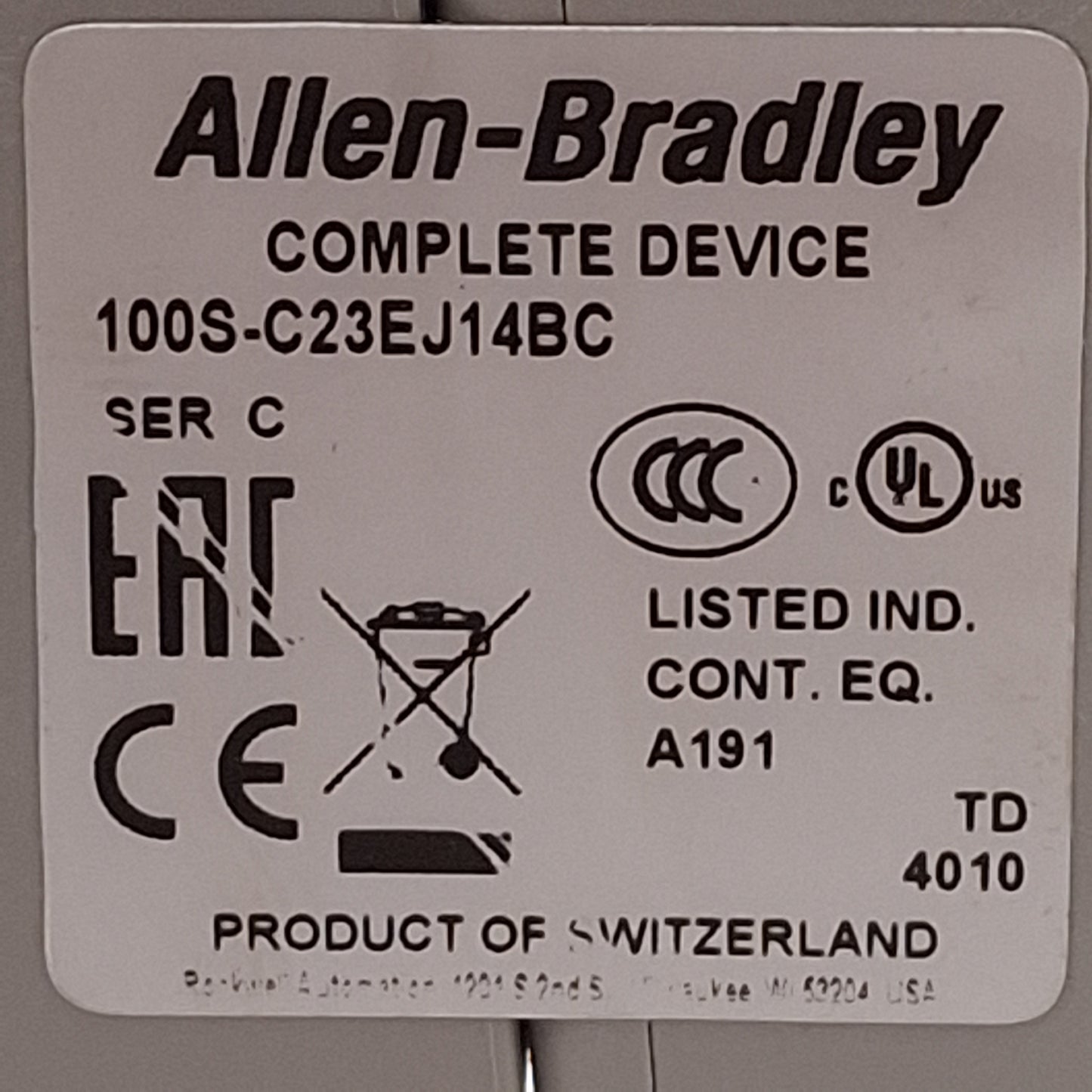 Used Allen Bradley 100S-C23EJ14BC Safety Contactor, 23A, 3NO+1NO/4NC Aux, 24VDC Coil