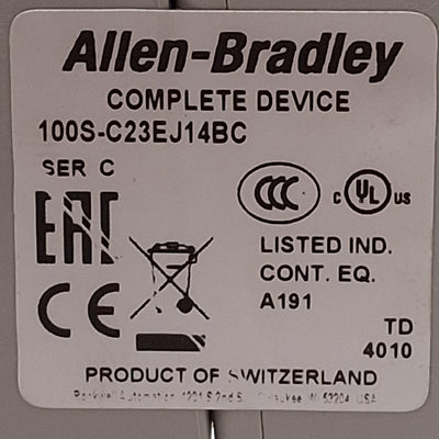 Used Allen Bradley 100S-C23EJ14BC Safety Contactor, 23A, 3NO+1NO/4NC Aux, 24VDC Coil