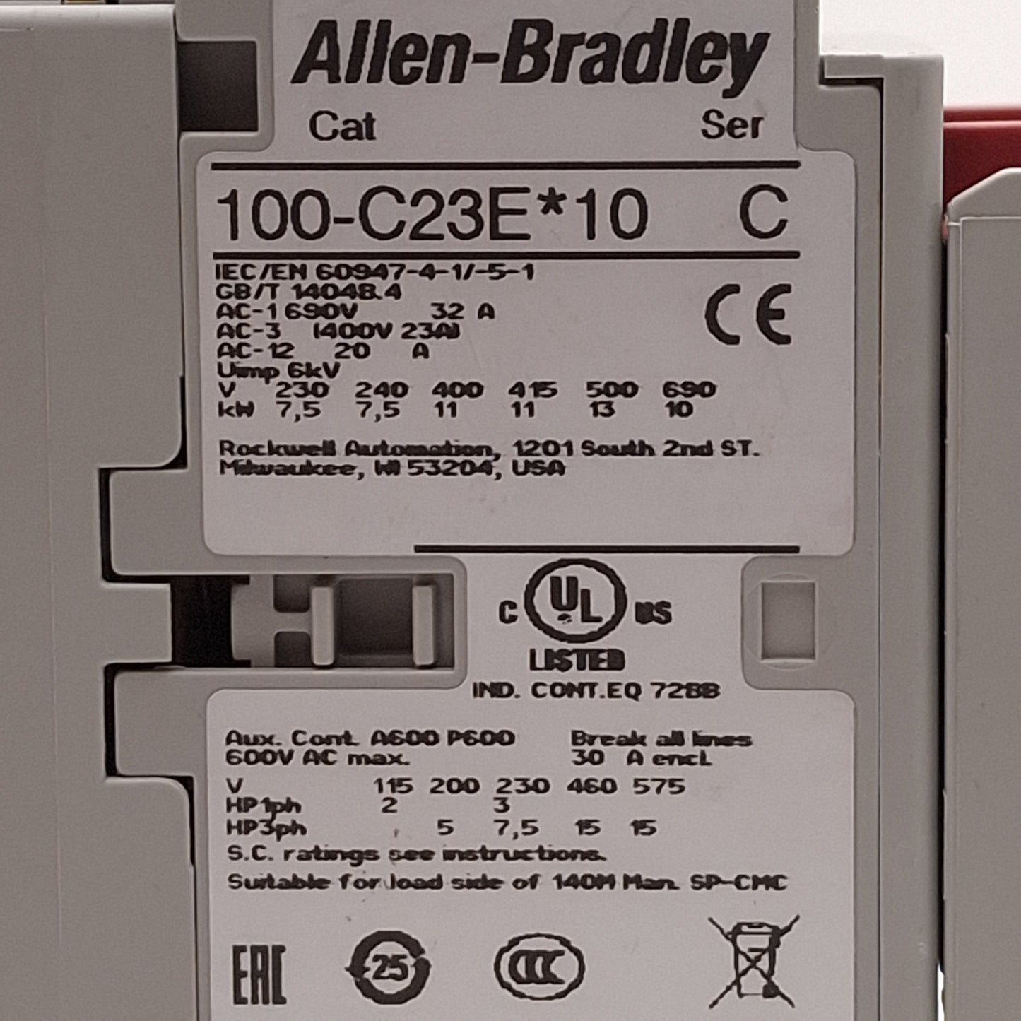 Used Allen Bradley 100S-C23EJ14BC Safety Contactor, 23A, 3NO+1NO/4NC Aux, 24VDC Coil