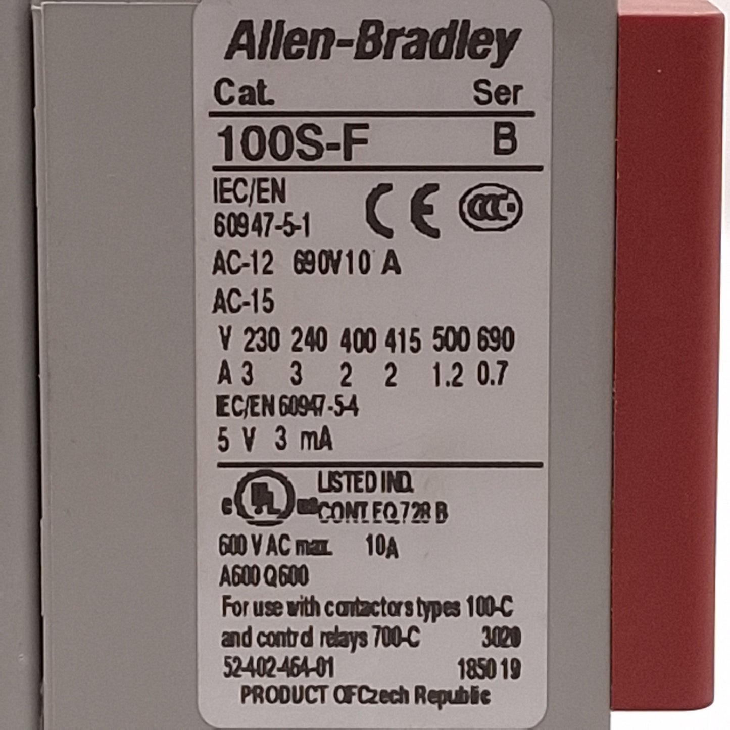 Used Allen Bradley 100S-C23EJ14BC Safety Contactor, 23A, 3NO+1NO/4NC Aux, 24VDC Coil