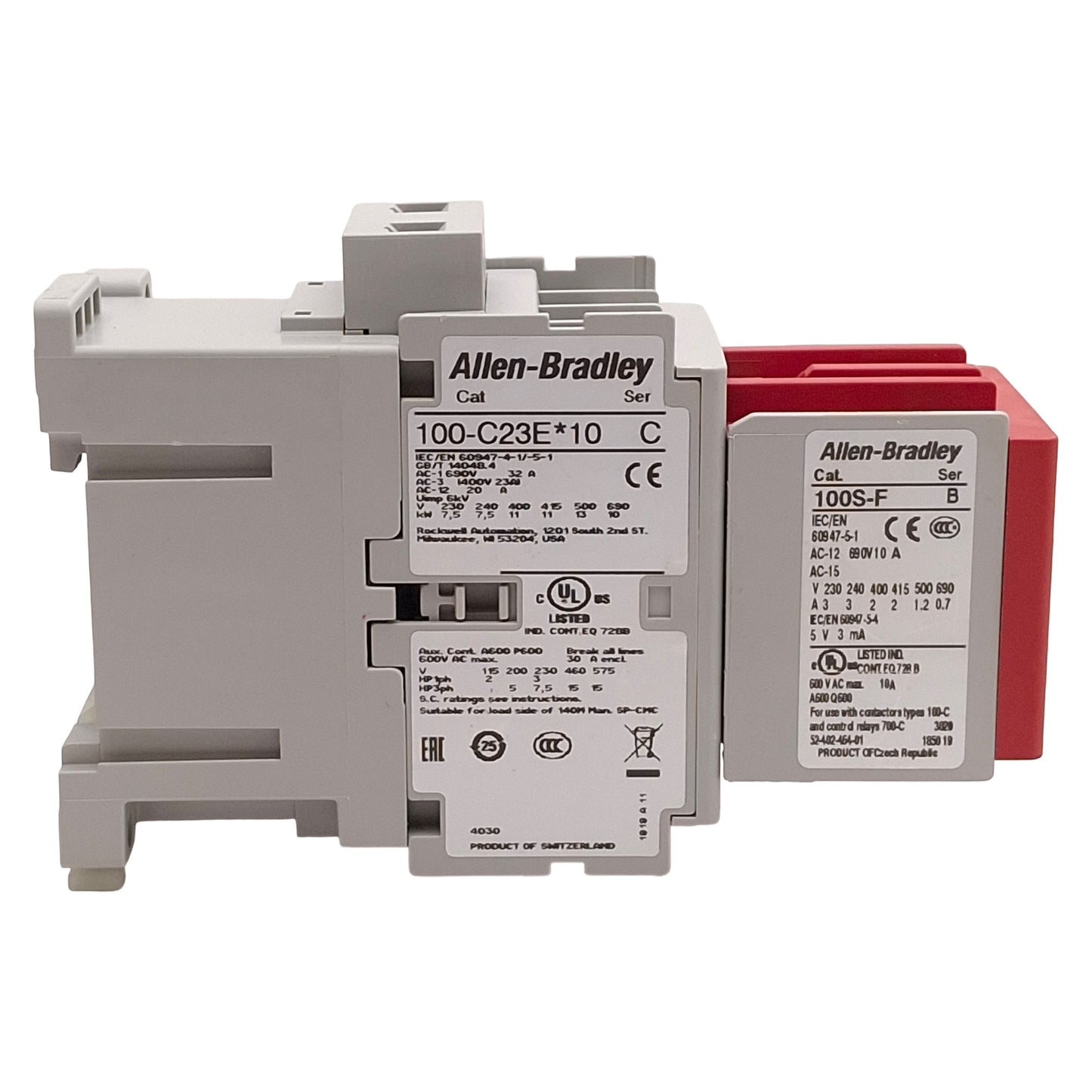 Used Allen Bradley 100S-C23EJ14BC Safety Contactor, 23A, 3NO+1NO/4NC Aux, 24VDC Coil