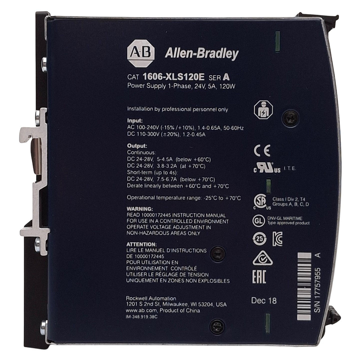 Used Allen Bradley 1606-XLS120E Power Supply, 120W, 100-240VAC Input, 24-28VDC Output