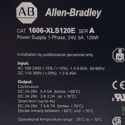 Used Allen Bradley 1606-XLS120E Power Supply, 120W, 100-240VAC Input, 24-28VDC Output