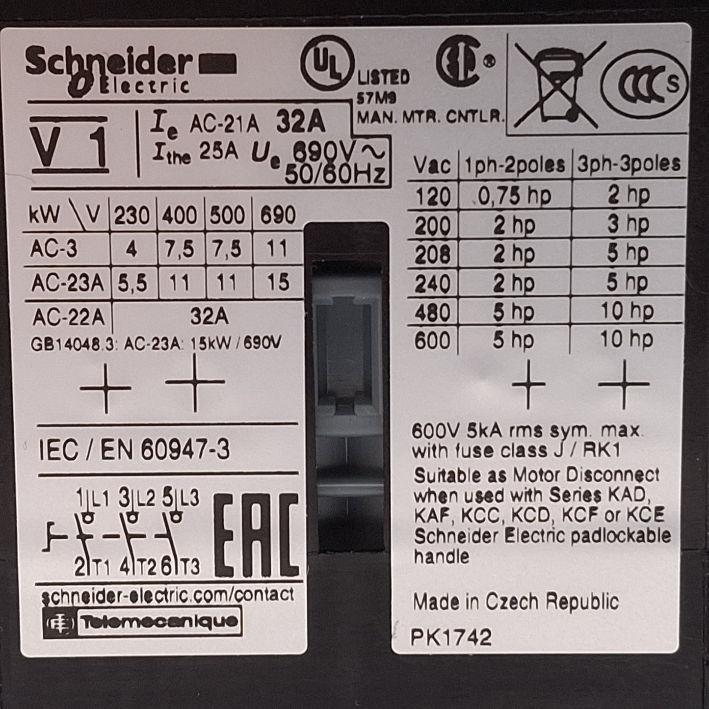 Used Schneider Electric V1 Disconnect Switch, 32A, 3-Pole, 10HP @ 3Ø 600VAC, DIN Rail