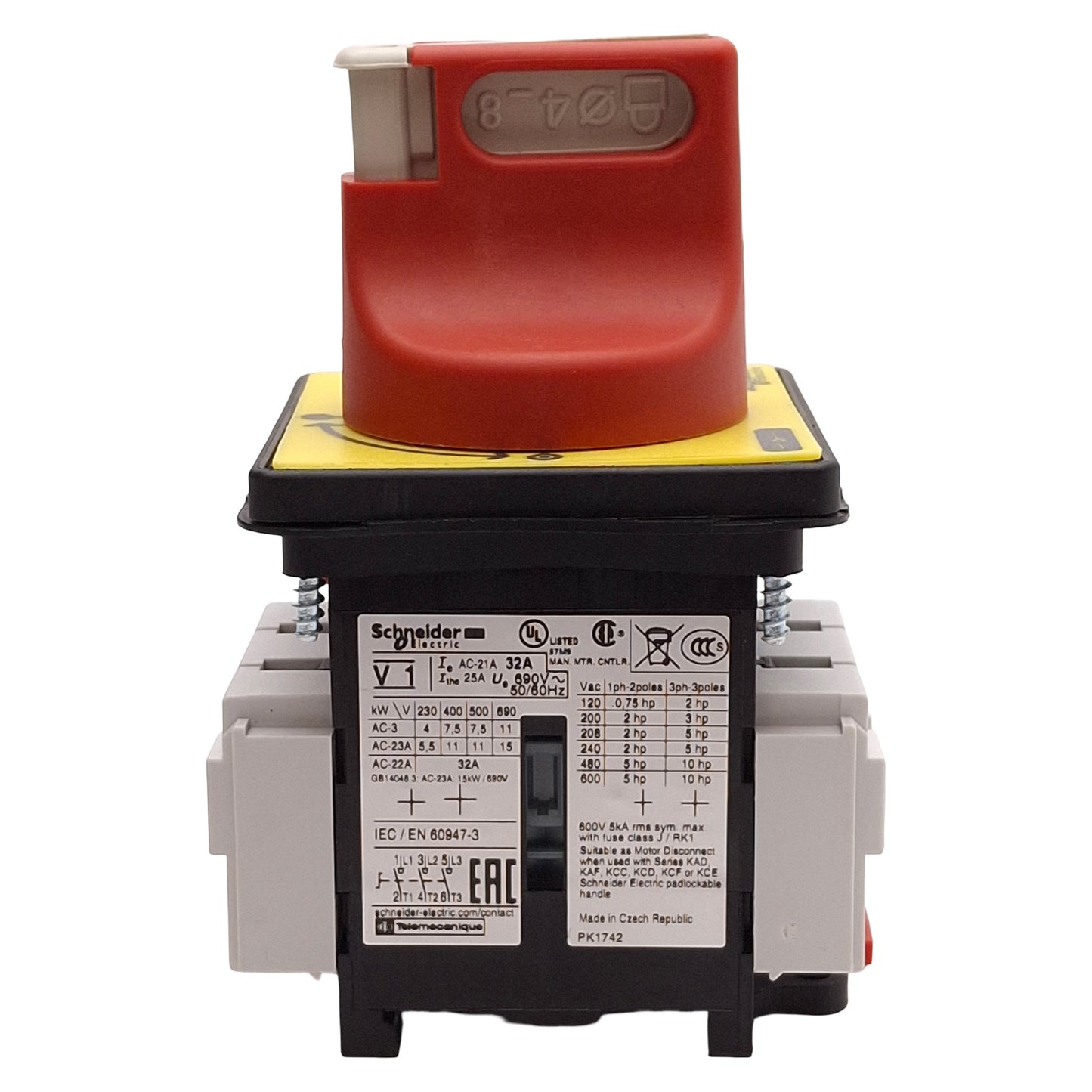 Used Schneider Electric V1 Disconnect Switch, 32A, 3-Pole, 10HP @ 3Ø 600VAC, DIN Rail