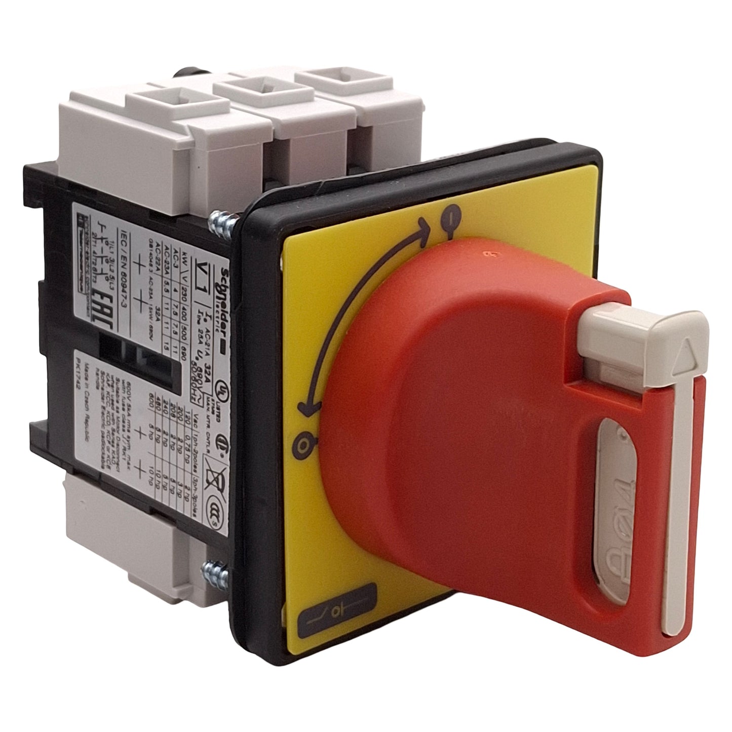 Used Schneider Electric V1 Disconnect Switch, 32A, 3-Pole, 10HP @ 3Ø 600VAC, DIN Rail