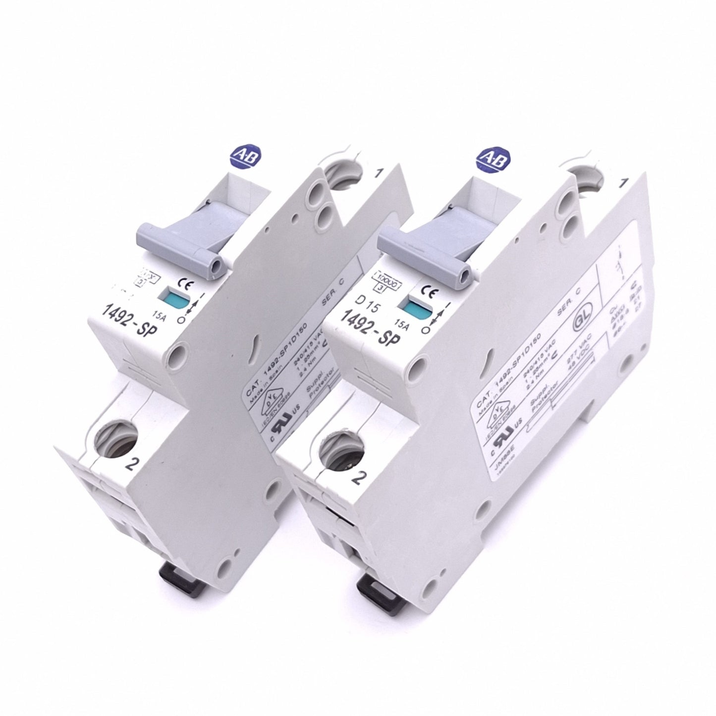 Used Lot of 2 Allen Bradley 1492-SP1D150 Circuit Breakers, 1-Pole 15A, 277VAC 48VDC