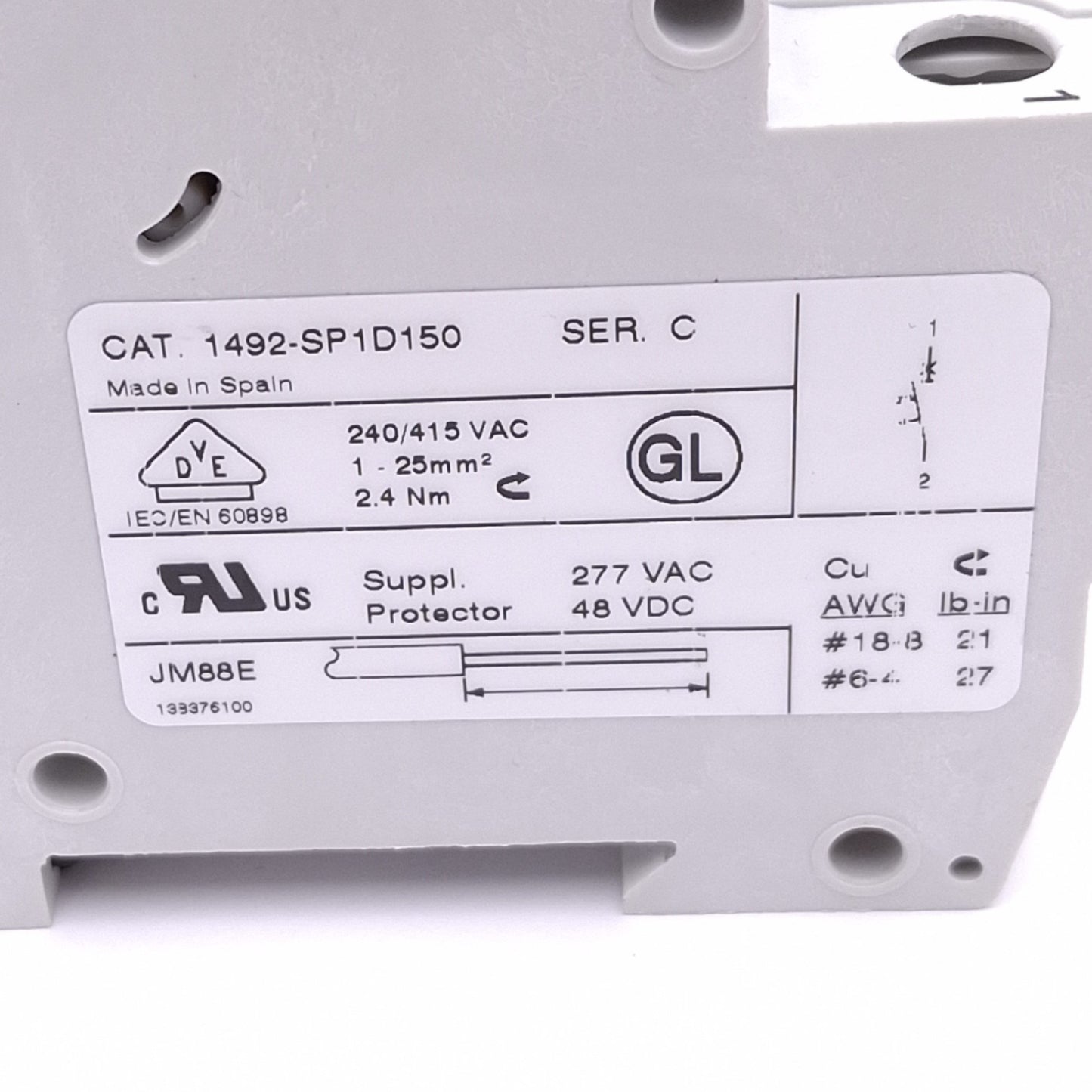 Used Lot of 2 Allen Bradley 1492-SP1D150 Circuit Breakers, 1-Pole 15A, 277VAC 48VDC