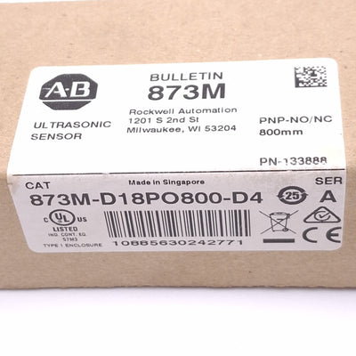 New Allen Bradley 873M-D18PO800-D4 Ultrasonic Sensor, 800mm Range, PNP NO, 10-30VDC