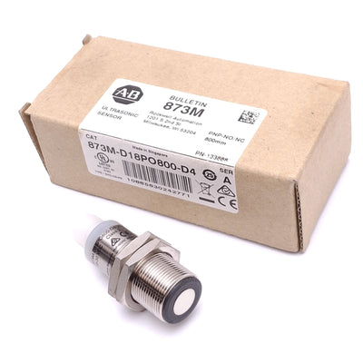 New Allen Bradley 873M-D18PO800-D4 Ultrasonic Sensor, 800mm Range, PNP NO, 10-30VDC