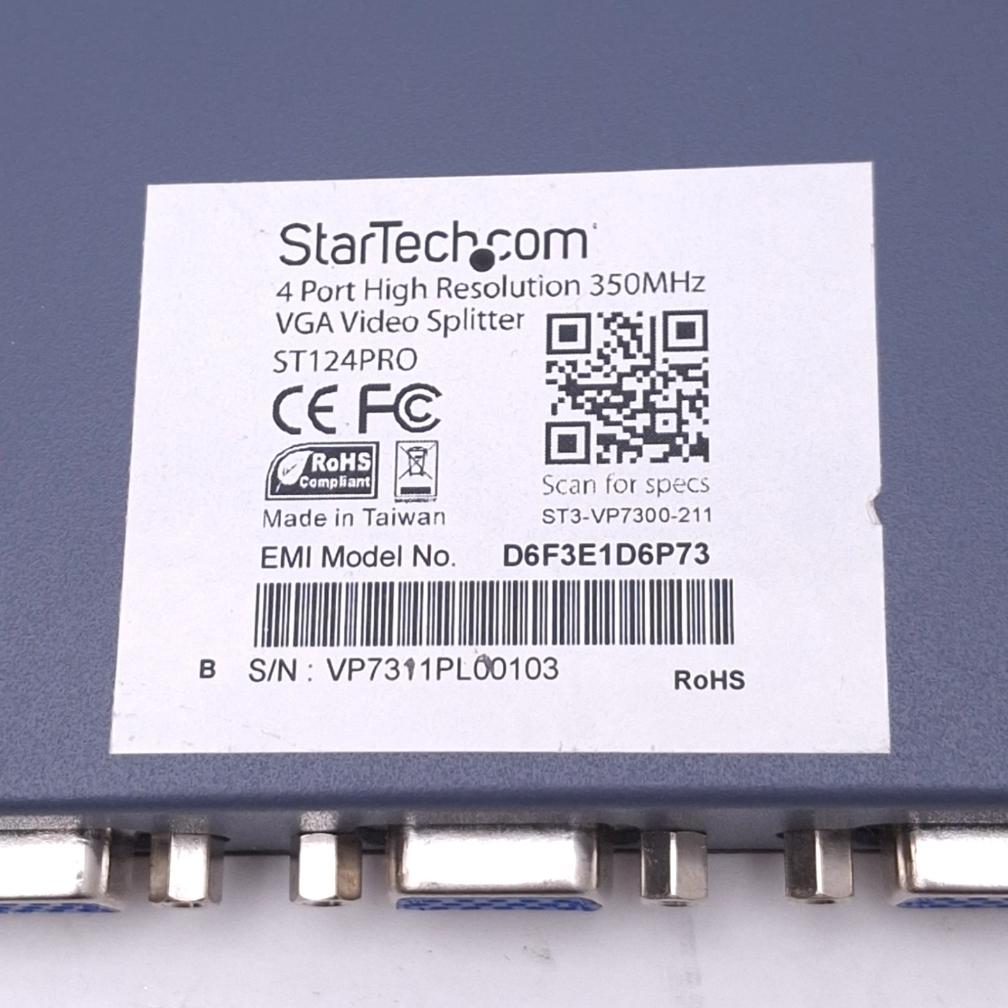 Used StarTech ST124PRO 4-Channel VGA Video Splitter, 1-VGA In, 4-VGA Out, 5VDC