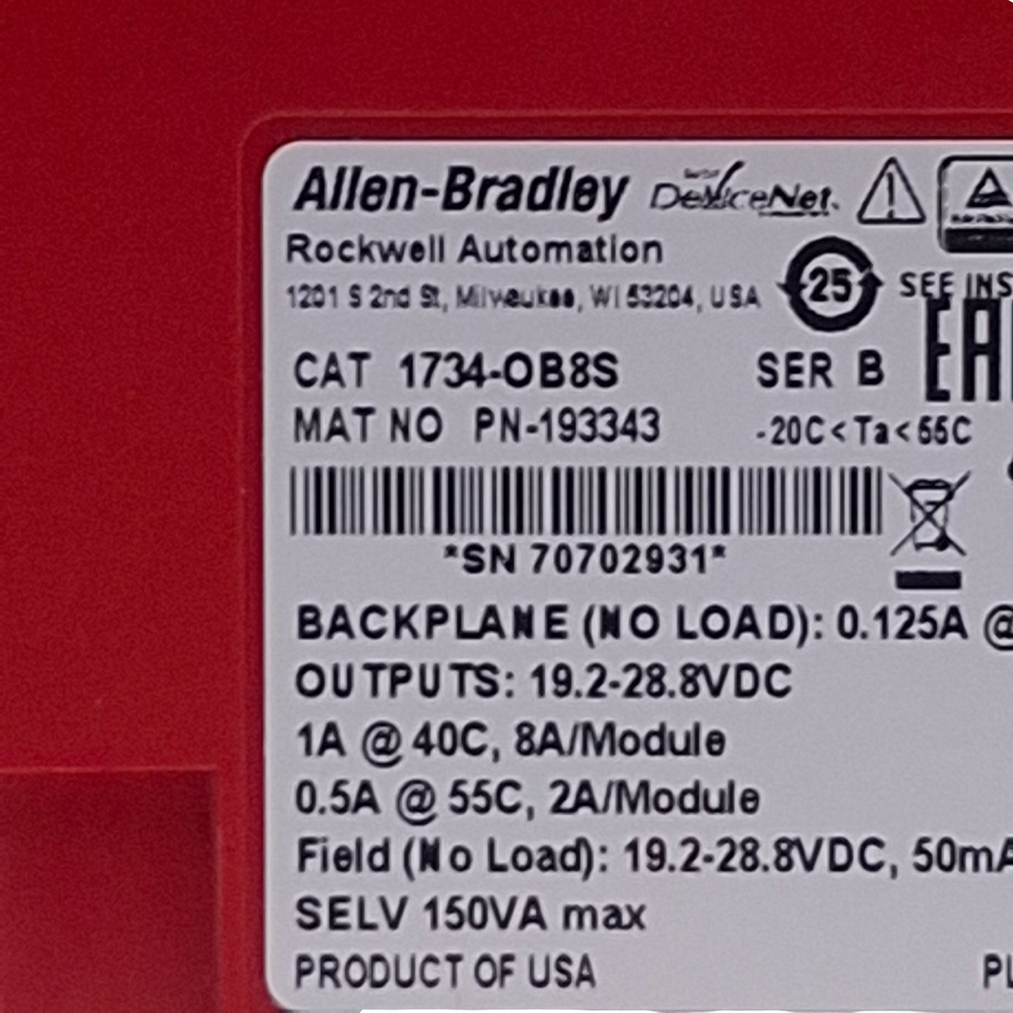 Used Allen Bradley 1734-OB8S POINT I/O Safety Output Module, 8-Point Sourcing, 24VDC