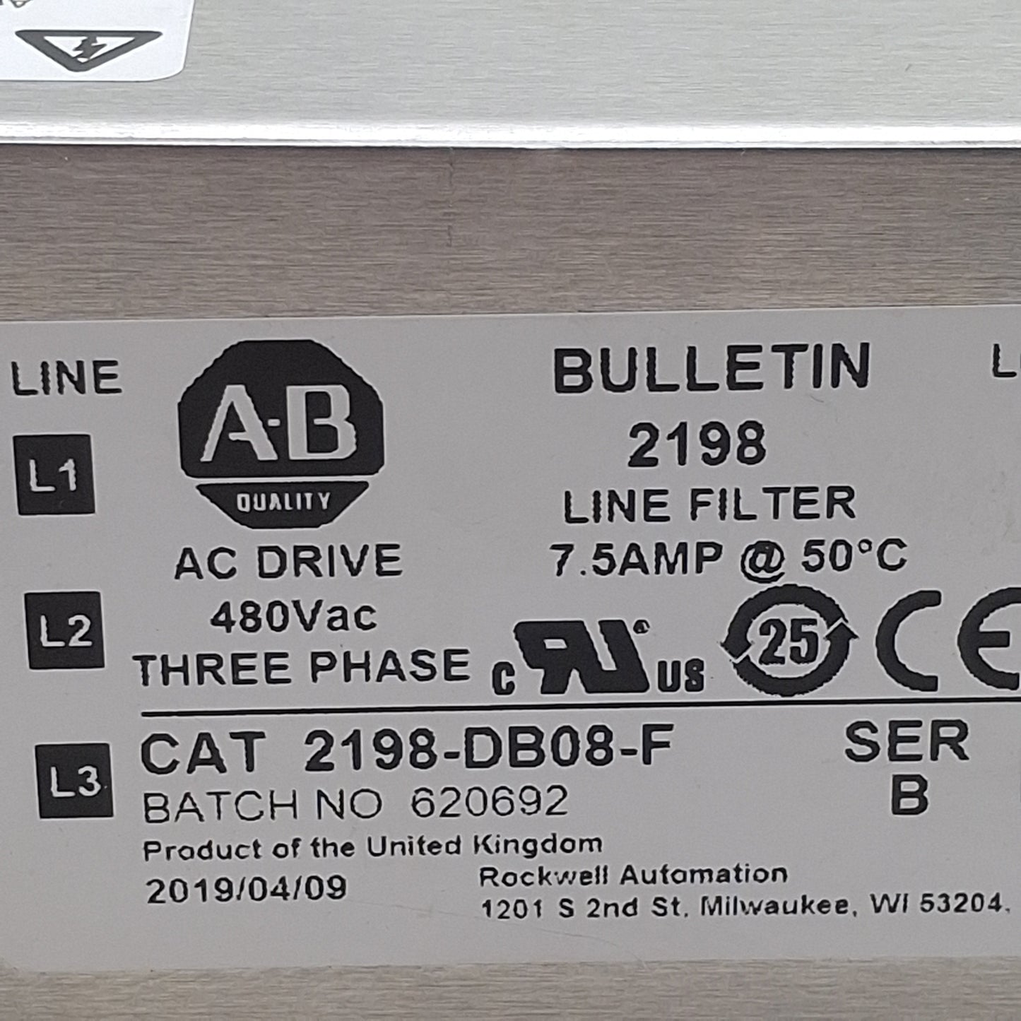 Used Allen Bradley 2198-DB08-F Kinetix 5500 Three-Phase Line Filter, 7.5A 480VAC