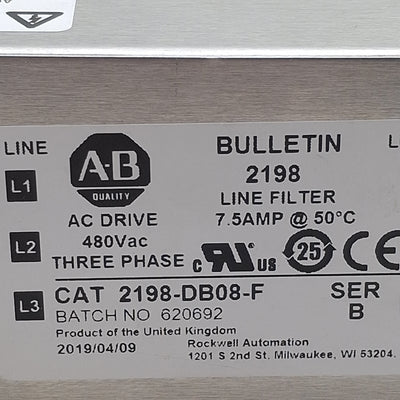 Used Allen Bradley 2198-DB08-F Kinetix 5500 Three-Phase Line Filter, 7.5A 480VAC